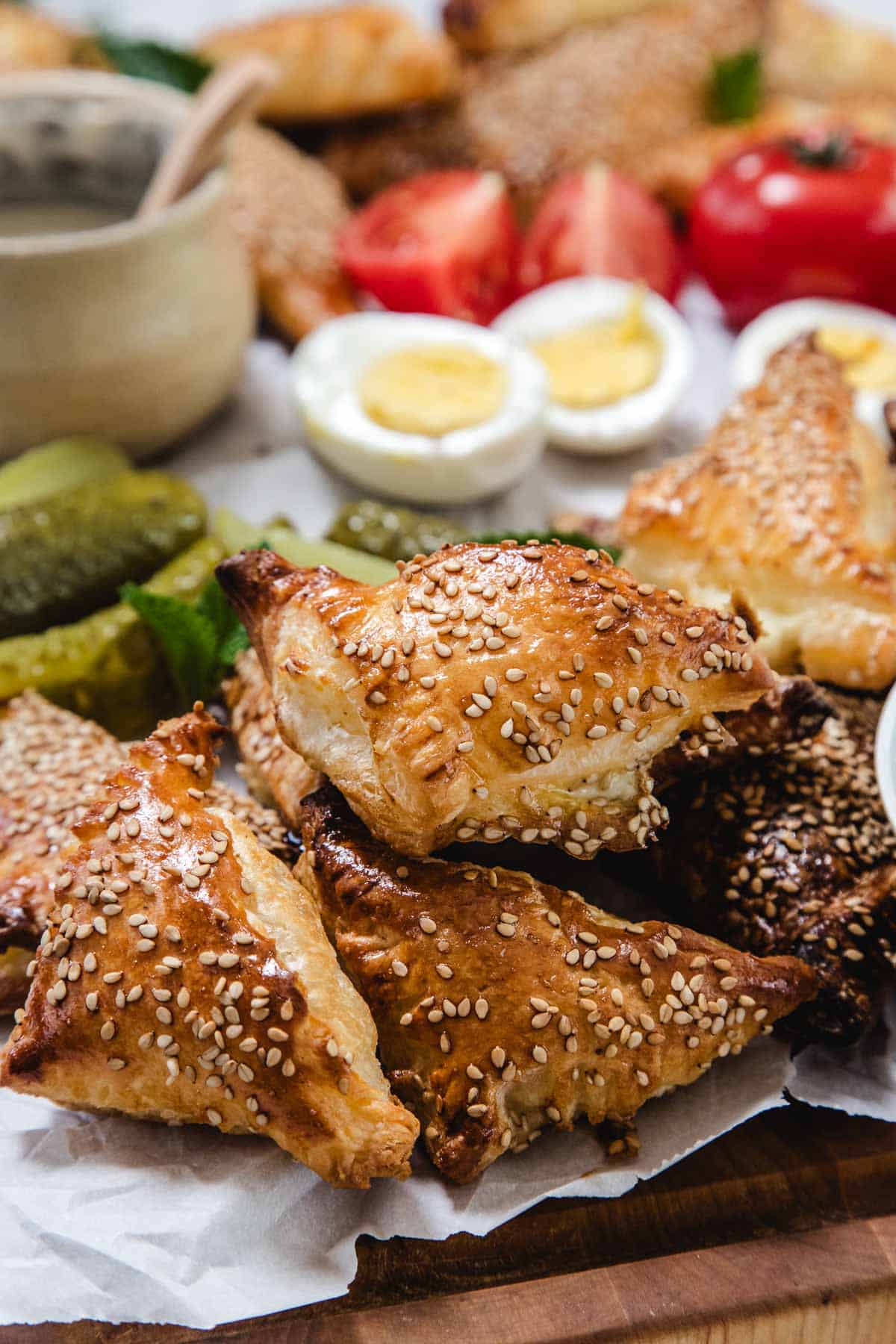 A close-up of golden-brown, sesame seed-topped Cheese Bourekas triangles on parchment paper, with sliced boiled eggs, pickles, tomatoes, and greens in the background on a wooden surface.