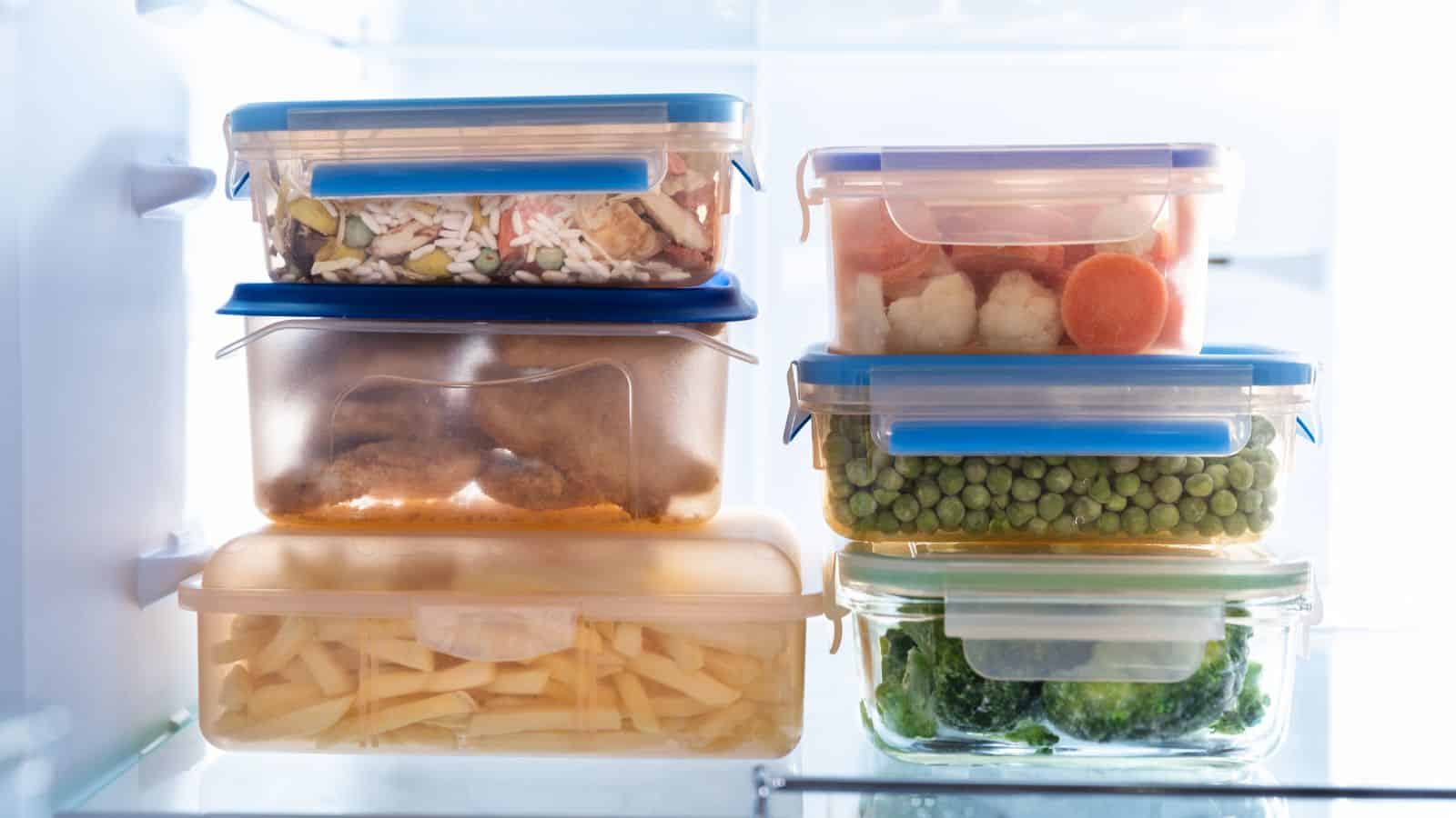 Six plastic and glass containers with various frozen foods, including mixed vegetables, peas, broccoli, carrots, French fries, and breaded items, are neatly stacked on a shelf inside a refrigerator.