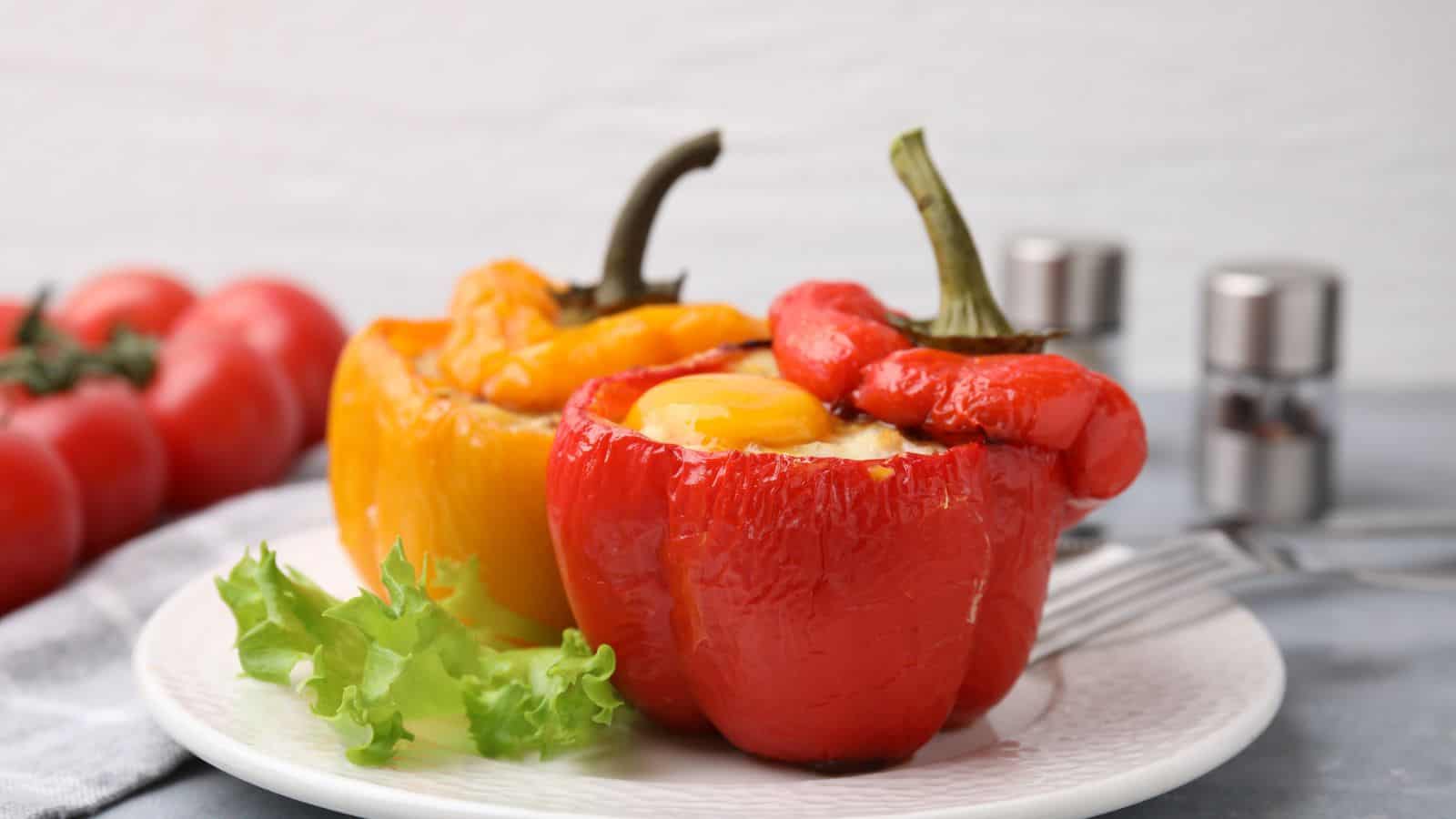 A white plate with a stuffed red bell pepper and a stuffed yellow bell pepper, garnished with a piece of green lettuce. Tomatoes and salt and pepper shakers are in the blurred background.