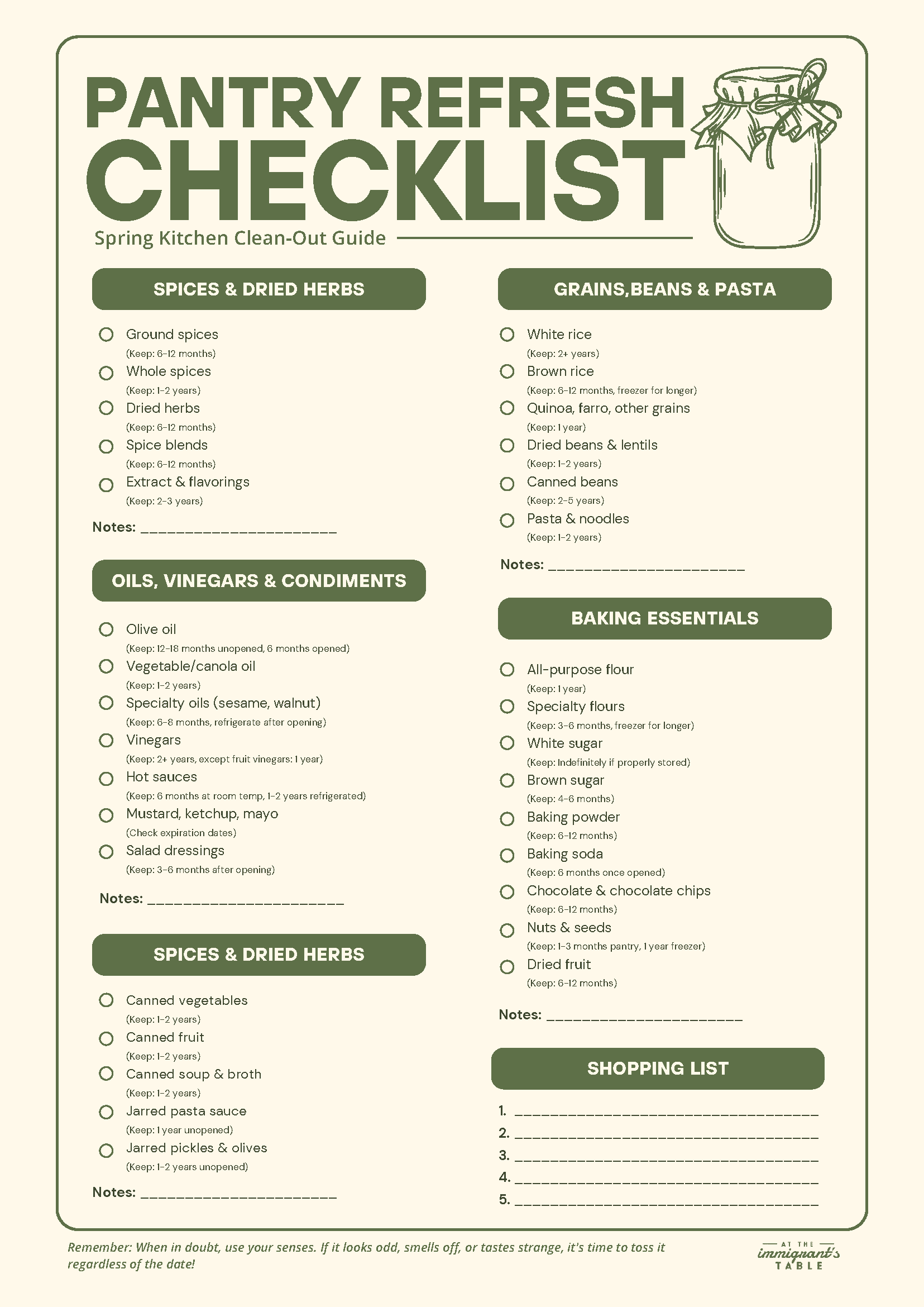 A checklist titled "Pantry Refresh Checklist" divided into sections for spices, grains, oils, baking essentials, and a shopping list, with checkboxes, notes areas, and a drawing of a labeled mason jar in the top right corner.