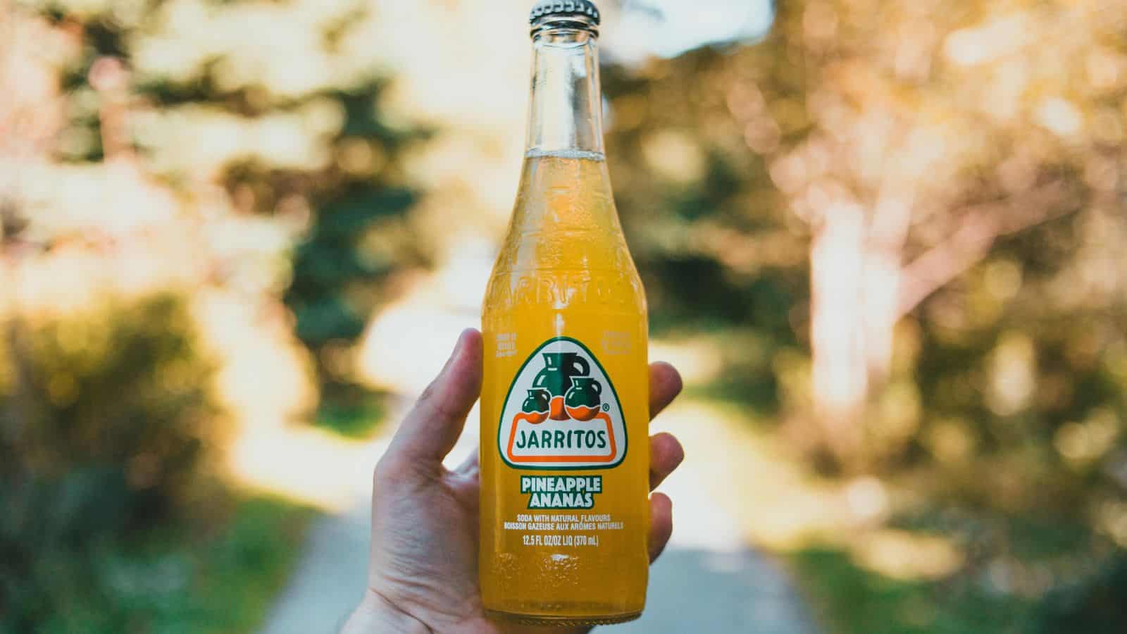 A hand holds a clear glass bottle of Jarritos Pineapple flavored soda outdoors, with a blurred background of trees and sunlight.