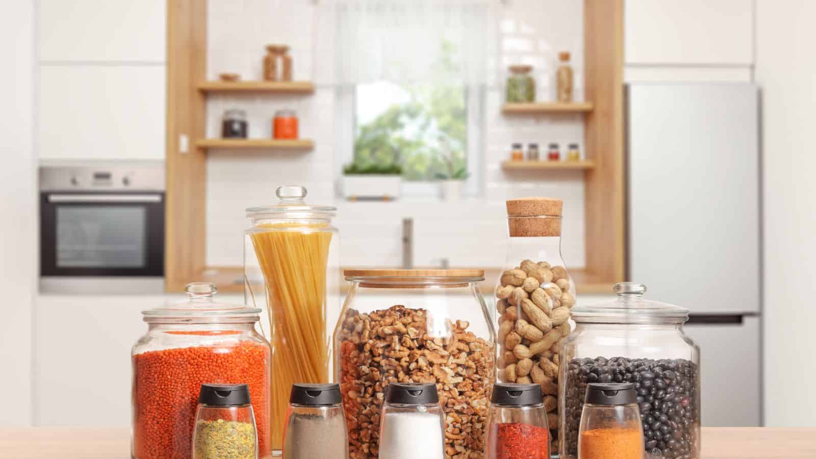 Various glass jars and spice containers filled with dry goods such as pasta, beans, lentils, nuts, and spices are arranged on a kitchen counter. A modern kitchen with wooden accents and open shelves is in the background.