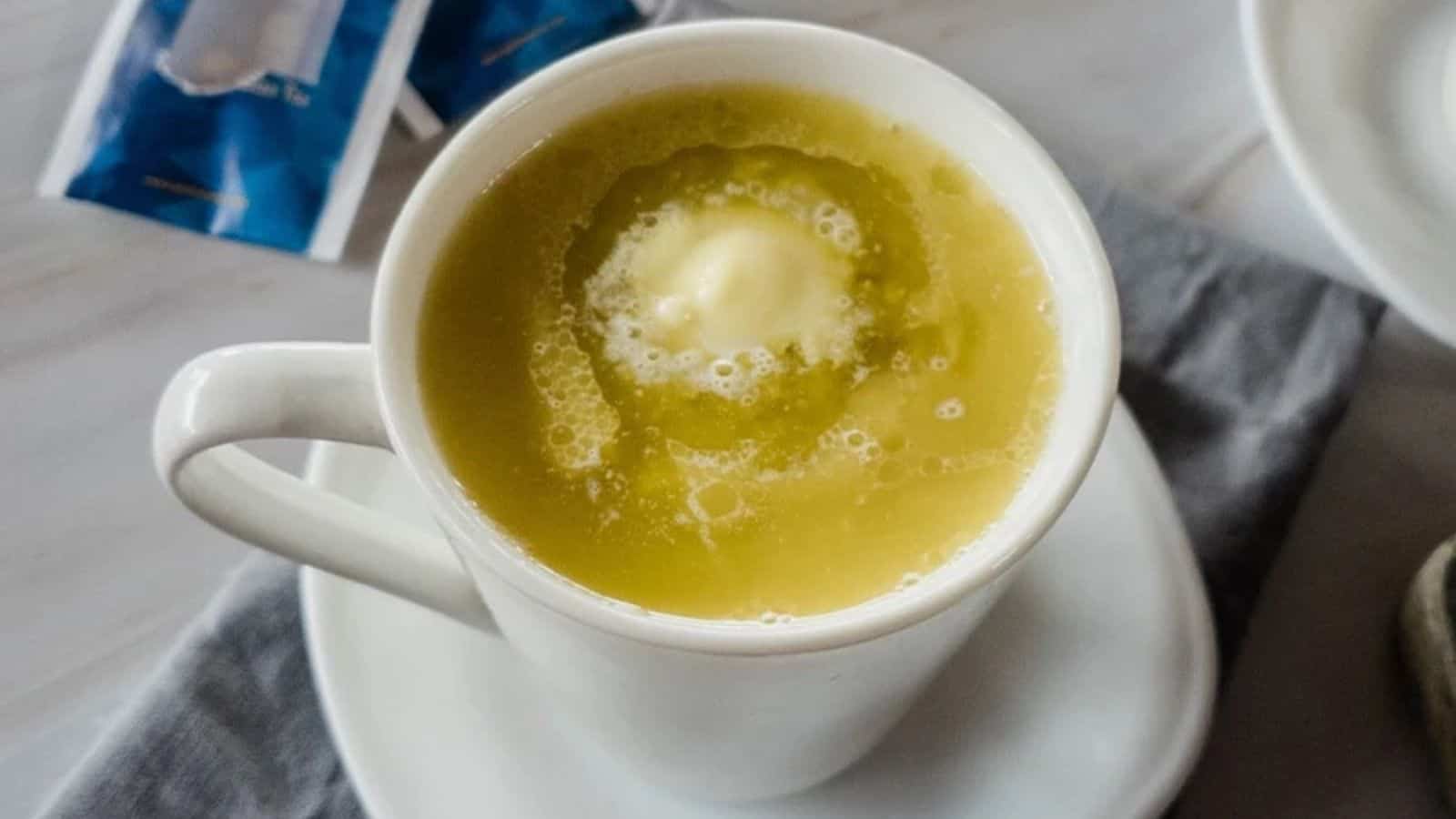 Tibetan Butter Tea Recipe in mug on saucer.