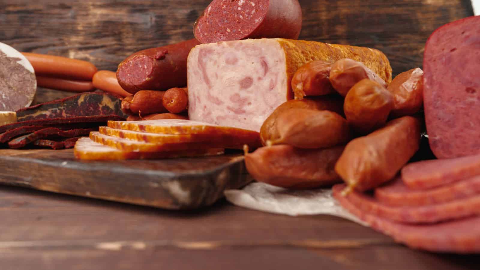 A variety of sliced and whole cured meats, including sausages, salami, and ham, arranged on a wooden surface with a rustic wooden background.