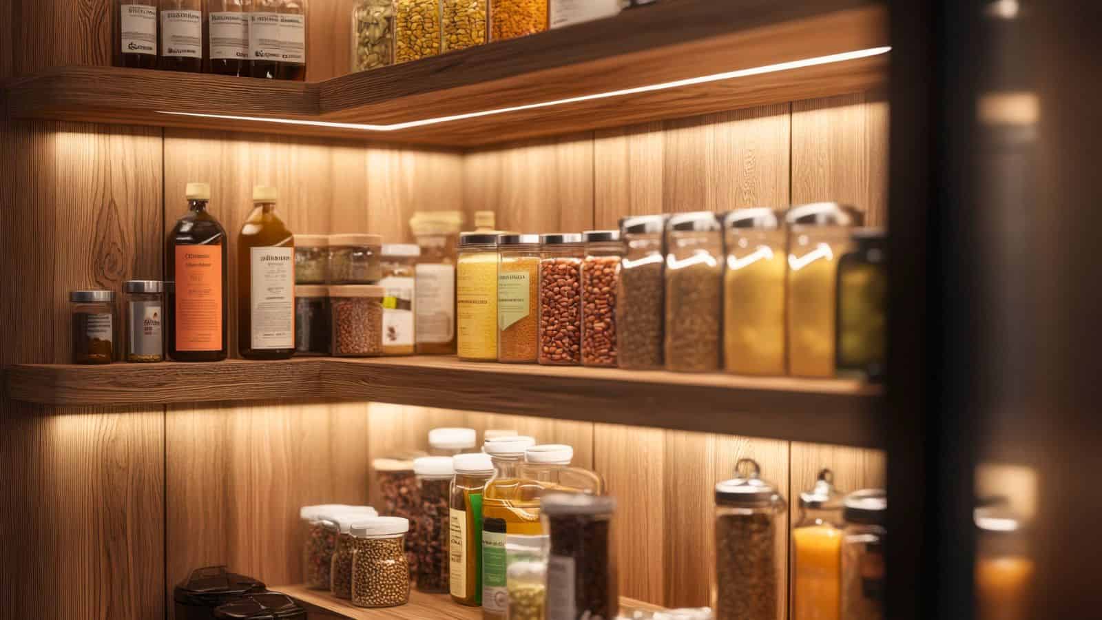 A wooden pantry shelf with various glass and plastic containers filled with dry goods, beans, grains, spices, and bottles of oil and vinegar, all organized neatly under warm LED lighting.