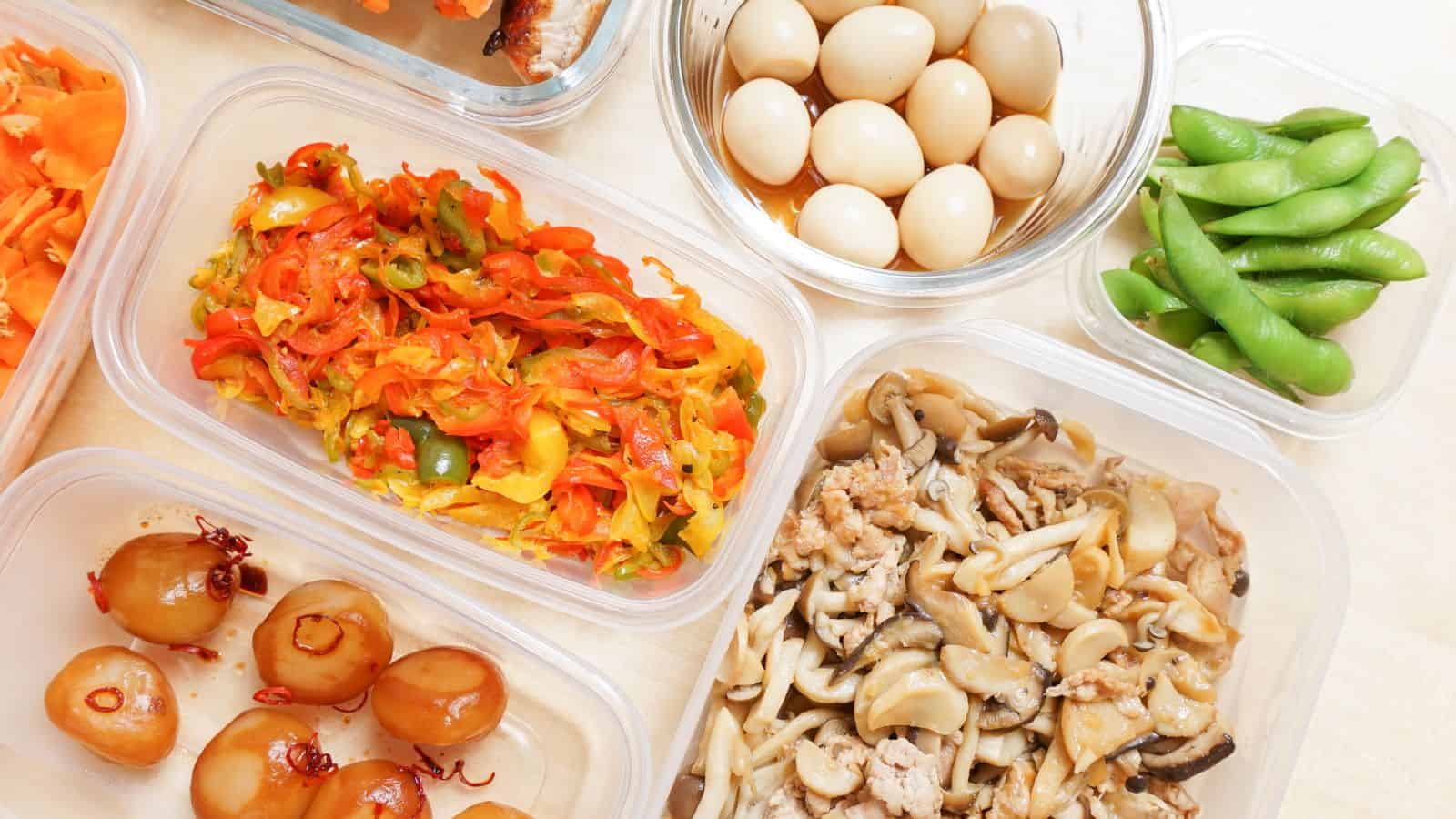 Assorted prepared foods in plastic containers, including saut&eacute;ed vegetables, quail eggs, mushrooms with ground meat, blanched carrots, and snap peas, arranged on a light surface.