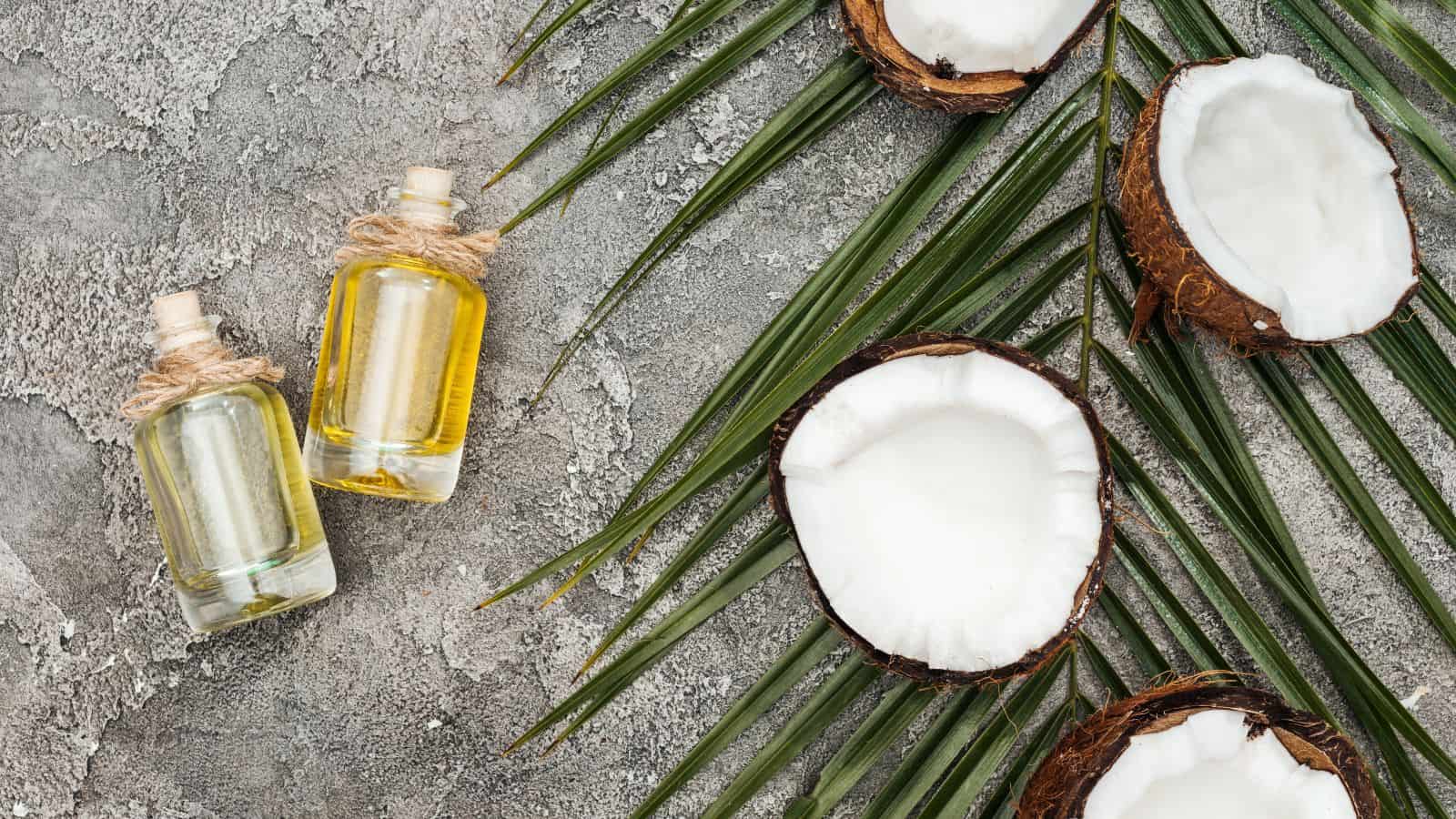 Two small glass bottles of oil are placed next to palm leaves and halved coconuts on a textured gray surface. The coconuts are open, showing the white flesh inside.