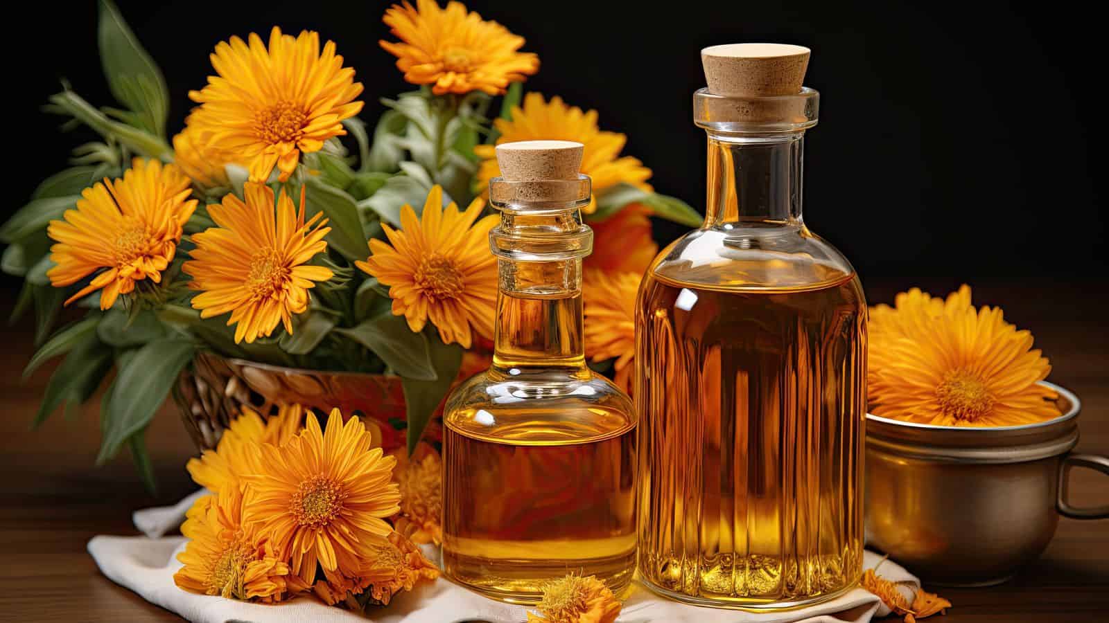 A basket of orange calendula flowers sits beside two glass bottles filled with golden liquid, both sealed with cork stoppers, with more calendula flowers and a metal cup nearby on a wooden surface.