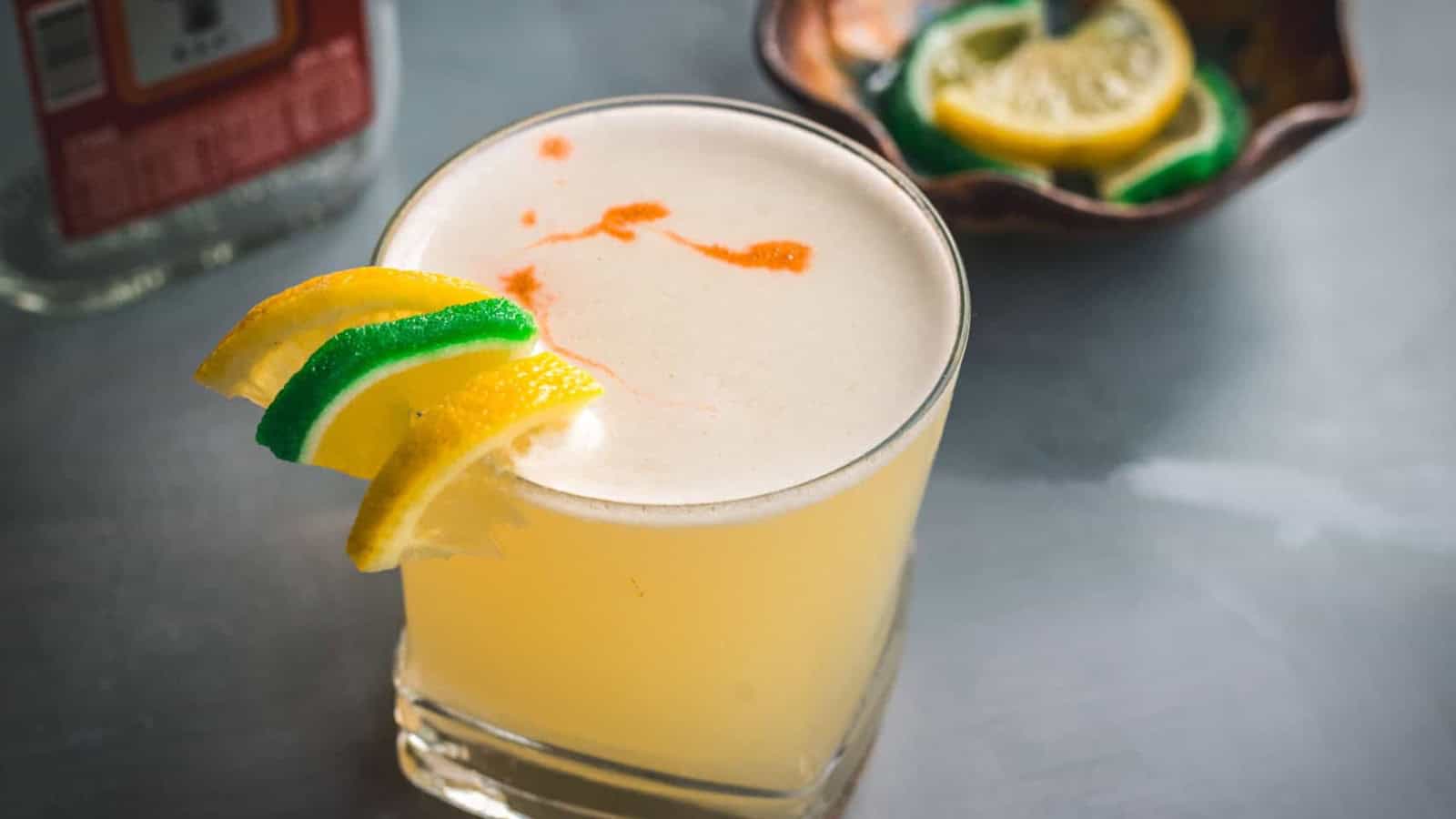 A glass of yellow cocktail with a foamy top, garnished with a slice of lemon and a slice of lime. A plate with more lemon and lime slices sits blurred in the background.