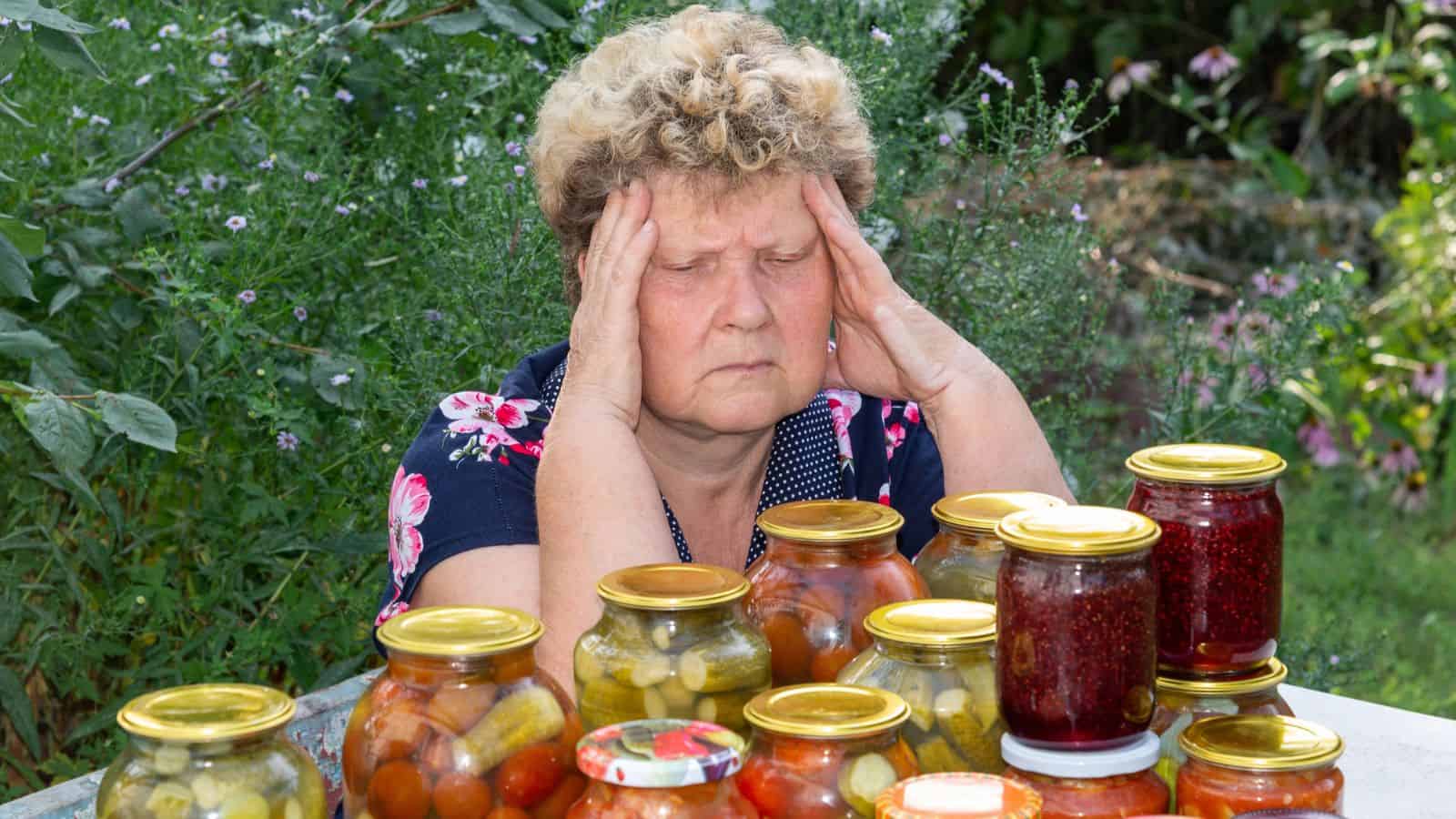 An older woman with curly hair sits at a table outdoors, resting her head in her hands with eyes closed. Several jars of preserved vegetables and jam are arranged on the table in front of her. Greenery is visible in the background.