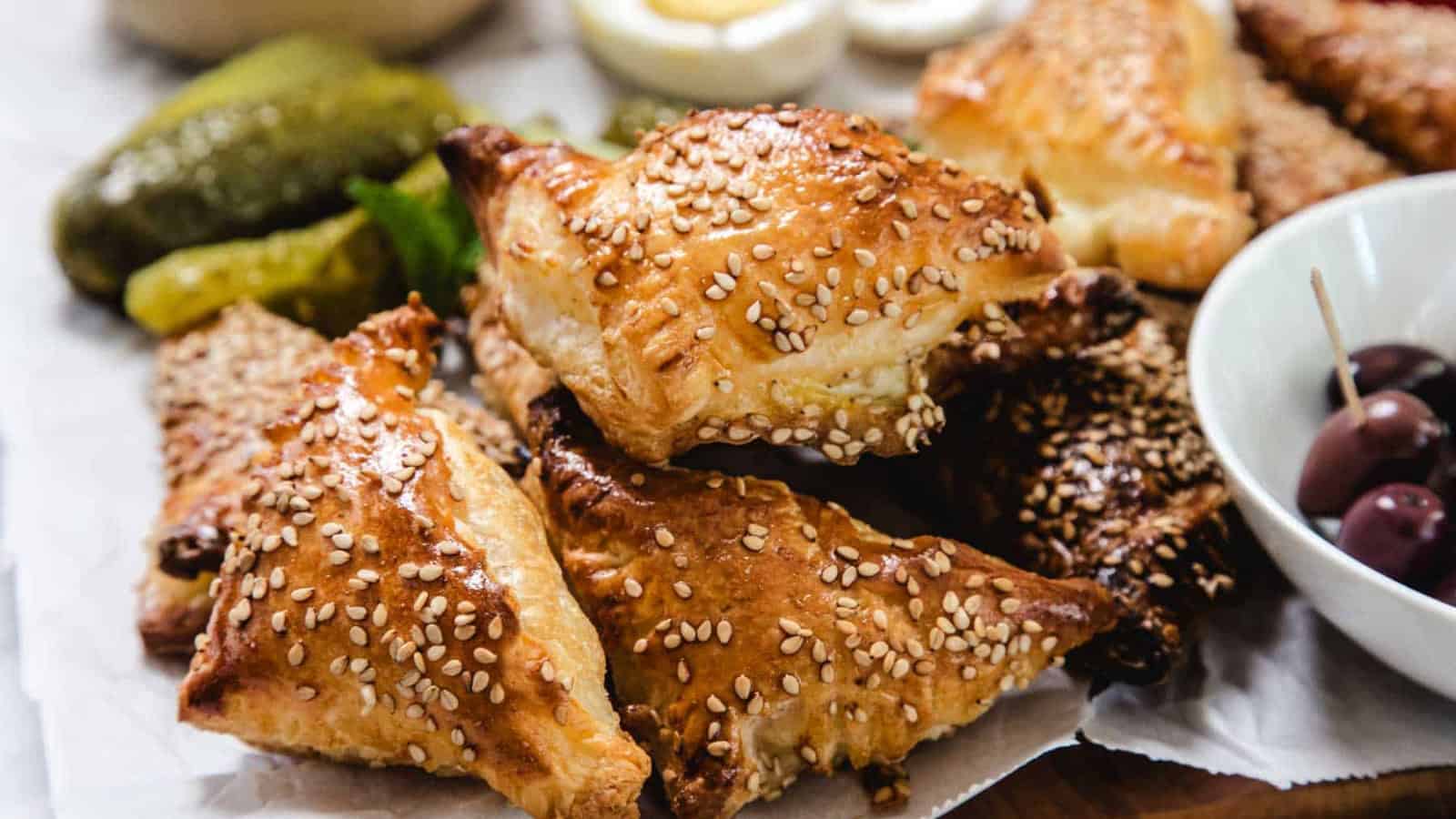 A close-up of golden-brown, triangular puff pastries topped with sesame seeds, stacked on parchment paper, with pickles and olives visible in the background.