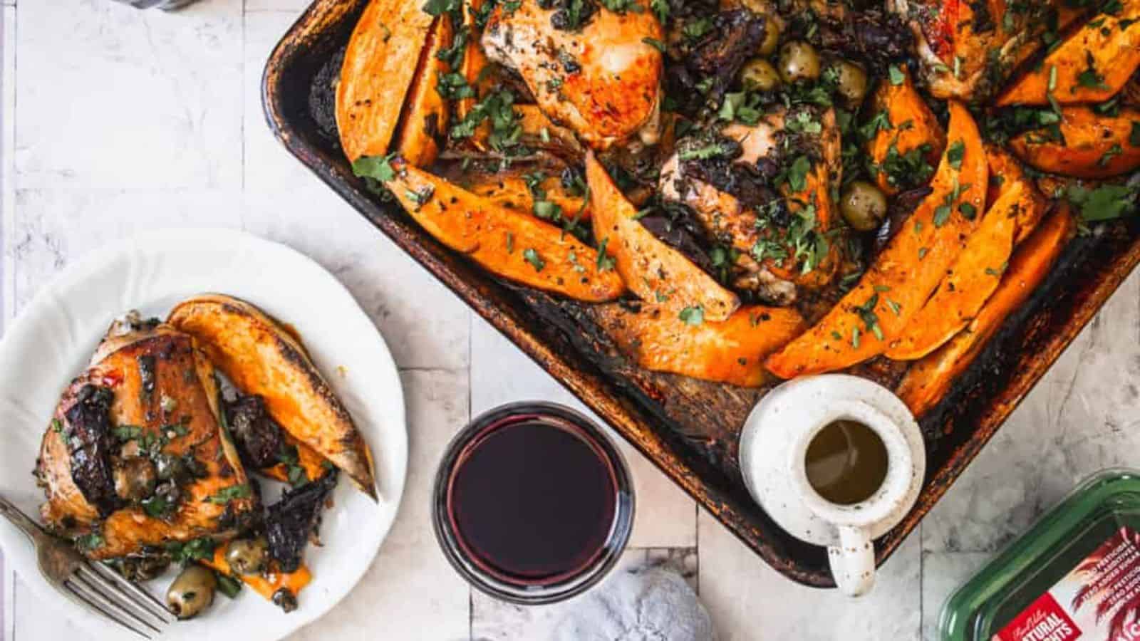 Close up on ottolenghi chicken marbella on plate.