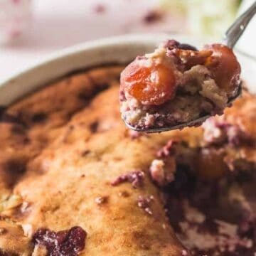 A close-up of a baked fruit cobbler in a white dish, with a spoon holding a serving that shows pieces of fruit and cobbler filling.