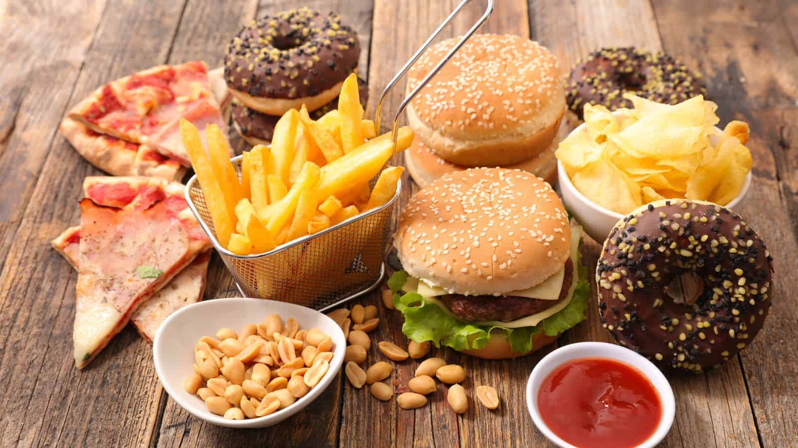 A wooden table with cheeseburgers, chocolate donuts, French fries, potato chips, slices of pizza, a bowl of peanuts, and a small dish of ketchup.