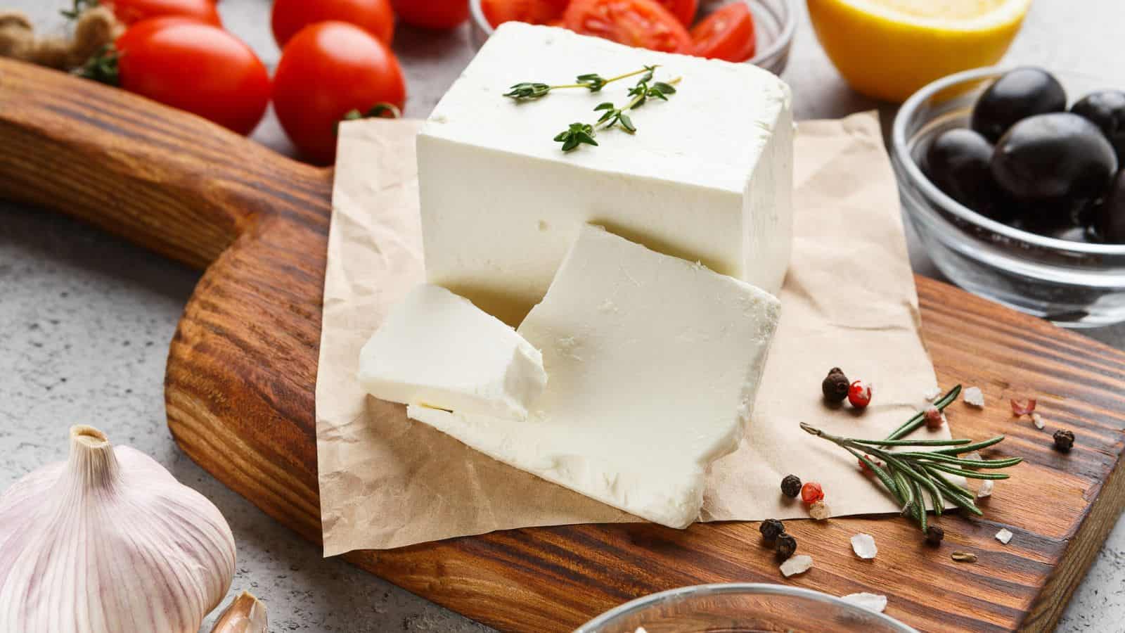 A block of white feta cheese with two slices cut off, garnished with thyme, sits on brown parchment paper atop a wooden board. Surrounding it are tomatoes, black olives, garlic, herbs, and peppercorns.