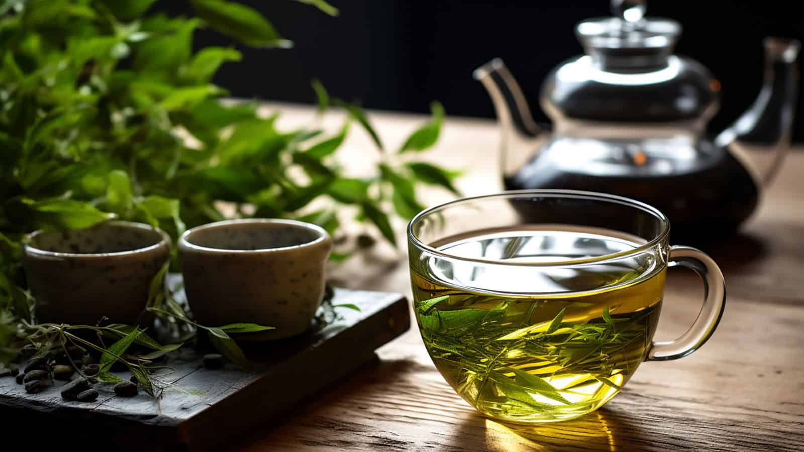 A glass cup of herbal tea with green leaves inside sits on a wooden table next to a clear teapot, two ceramic cups, and a bundle of fresh green herbs. Natural light brightens the scene.