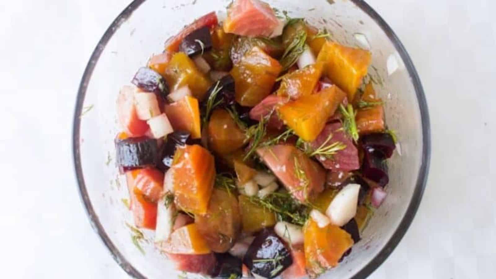 Close up on marinate beets with dill.