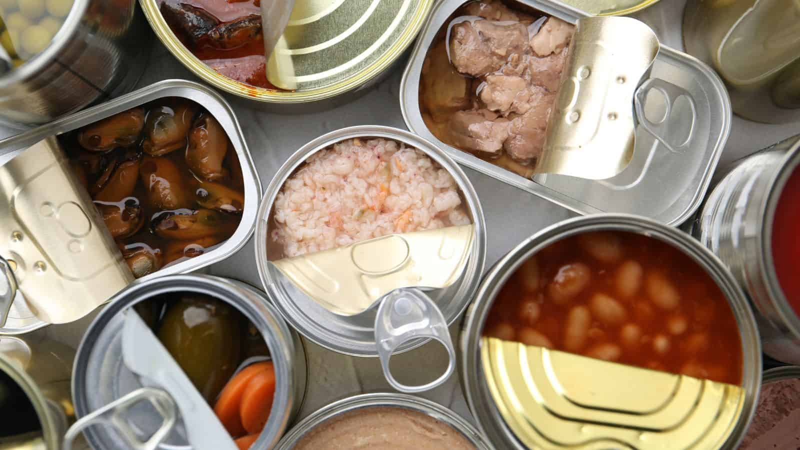 A close-up view of various opened canned foods, including beans, rice, seafood, vegetables, and meat, arranged together with their metal lids partially or fully open.