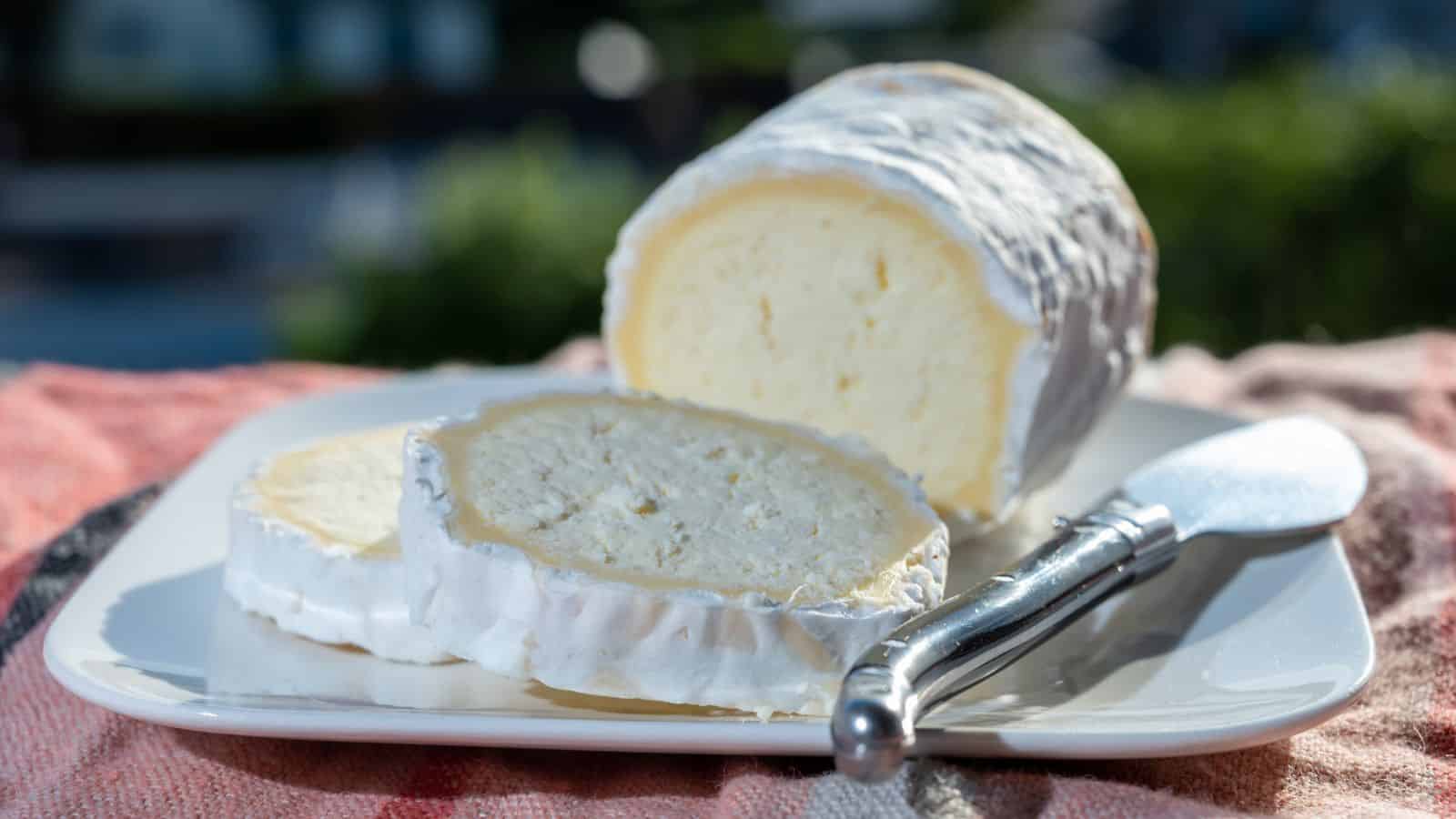 A plate with two slices and a wheel of soft-ripened cheese with a white rind, next to a cheese knife, resting on a pink and beige cloth with a blurred outdoor background.