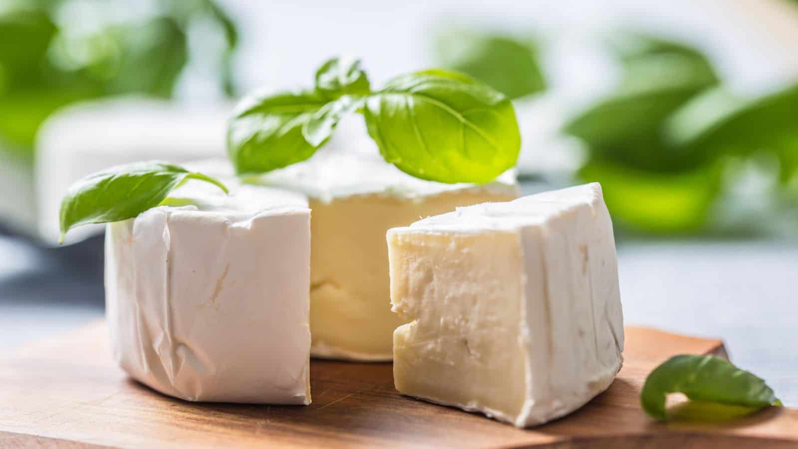 Three pieces of soft white cheese with a white rind are arranged on a wooden board, garnished with fresh green basil leaves. The background is softly blurred with more green leaves visible.