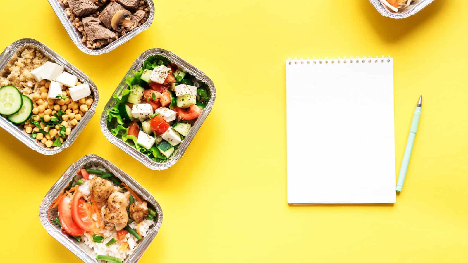 Four containers of healthy food, including salads and vegetables, are arranged on a yellow surface next to a blank notepad and a pen. The food containers are on the left, and the notepad and pen are on the right.