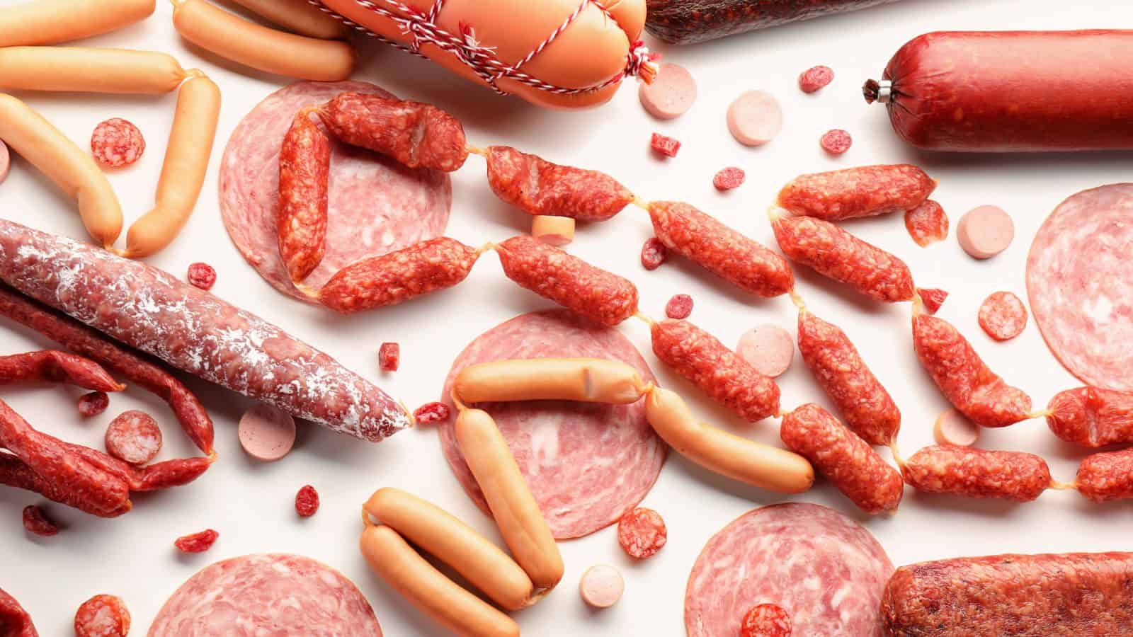 Various types of cured and processed sausages and deli meats, including salami, hot dogs, and sliced sausage, are arranged on a white background.