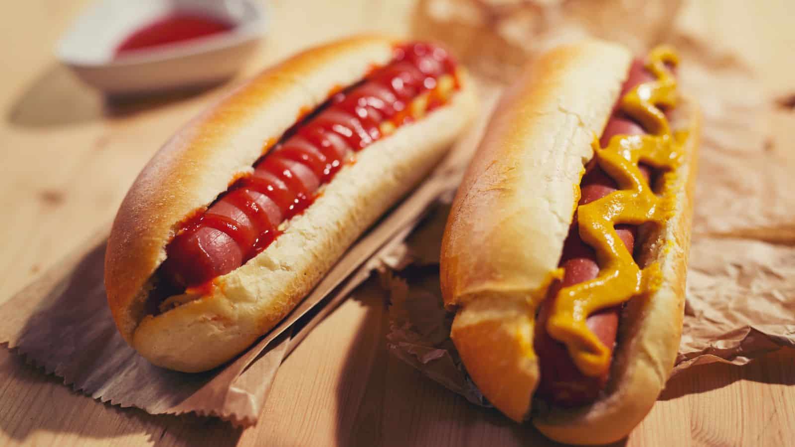 Two hot dogs on brown parchment paper; one is topped with ketchup, and the other is topped with yellow mustard. A small dish with a red sauce sits blurred in the background on a wooden surface.