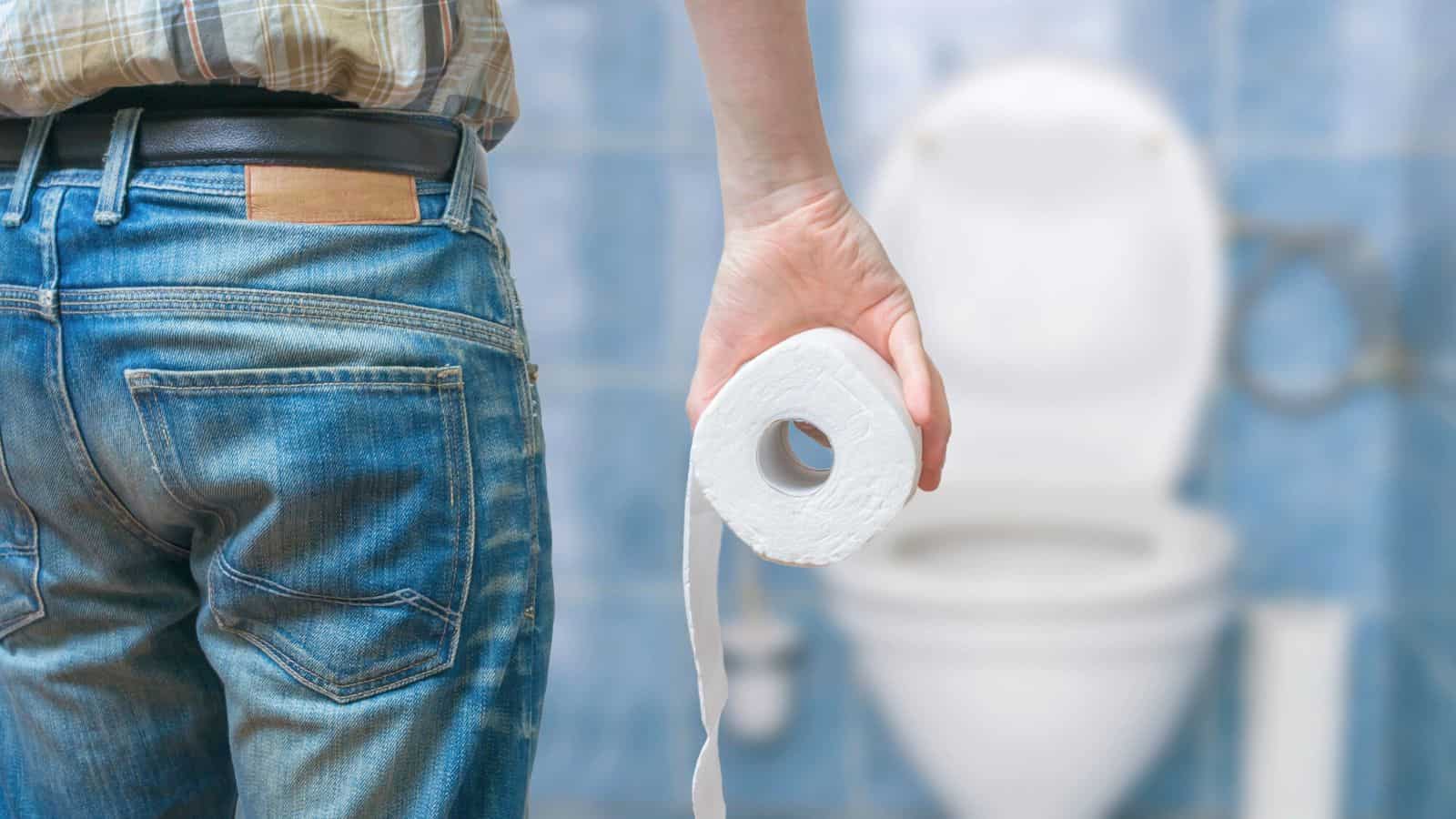 A person in jeans stands in front of a toilet, holding a roll of toilet paper in their right hand. The bathroom features blue tiles and a white toilet with the lid up in the background.