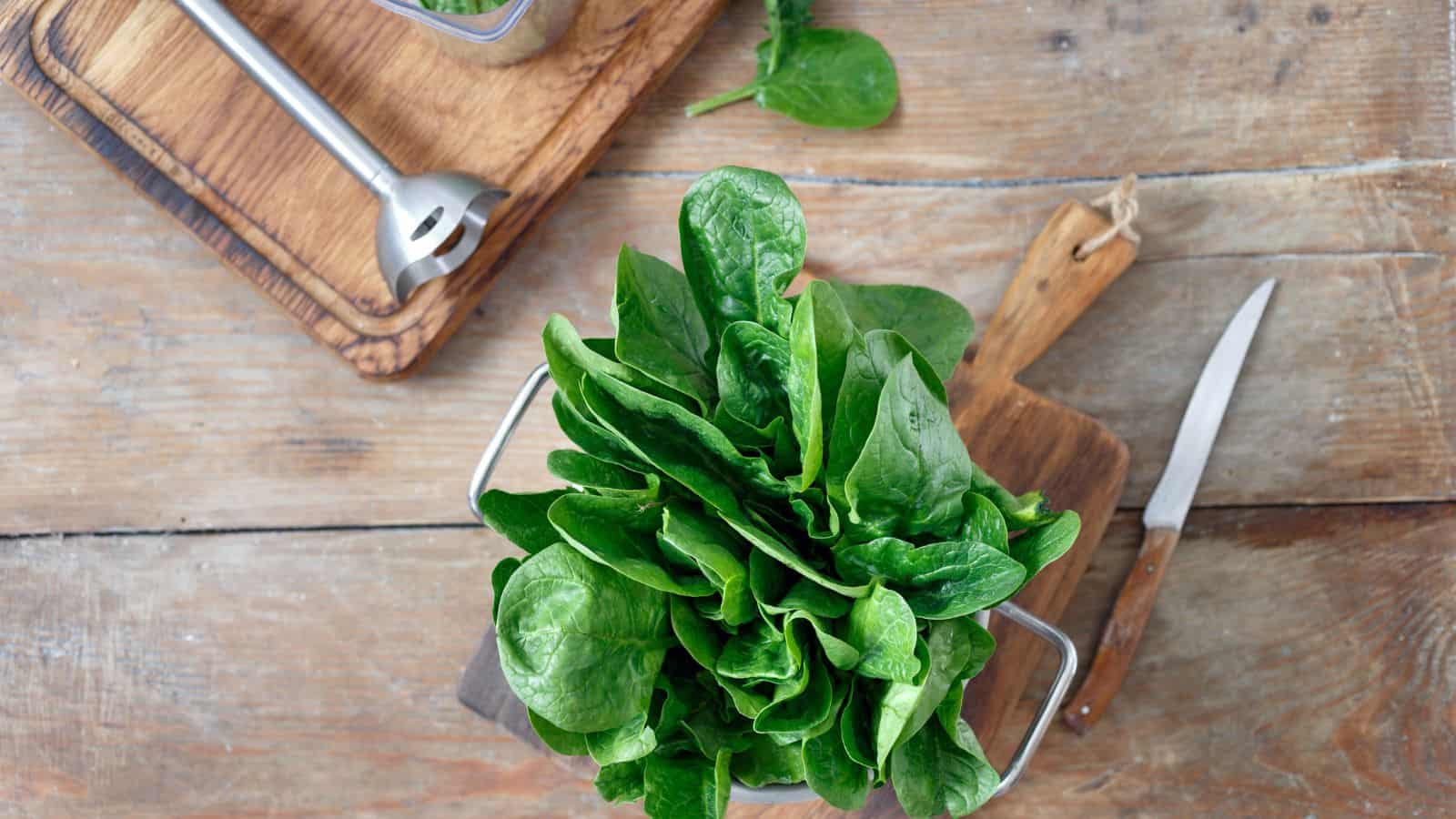 A bunch of fresh spinach leaves in a metal colander sits on a wooden cutting board. Nearby are a knife and an immersion blender on a second board, all on a rustic wooden table.