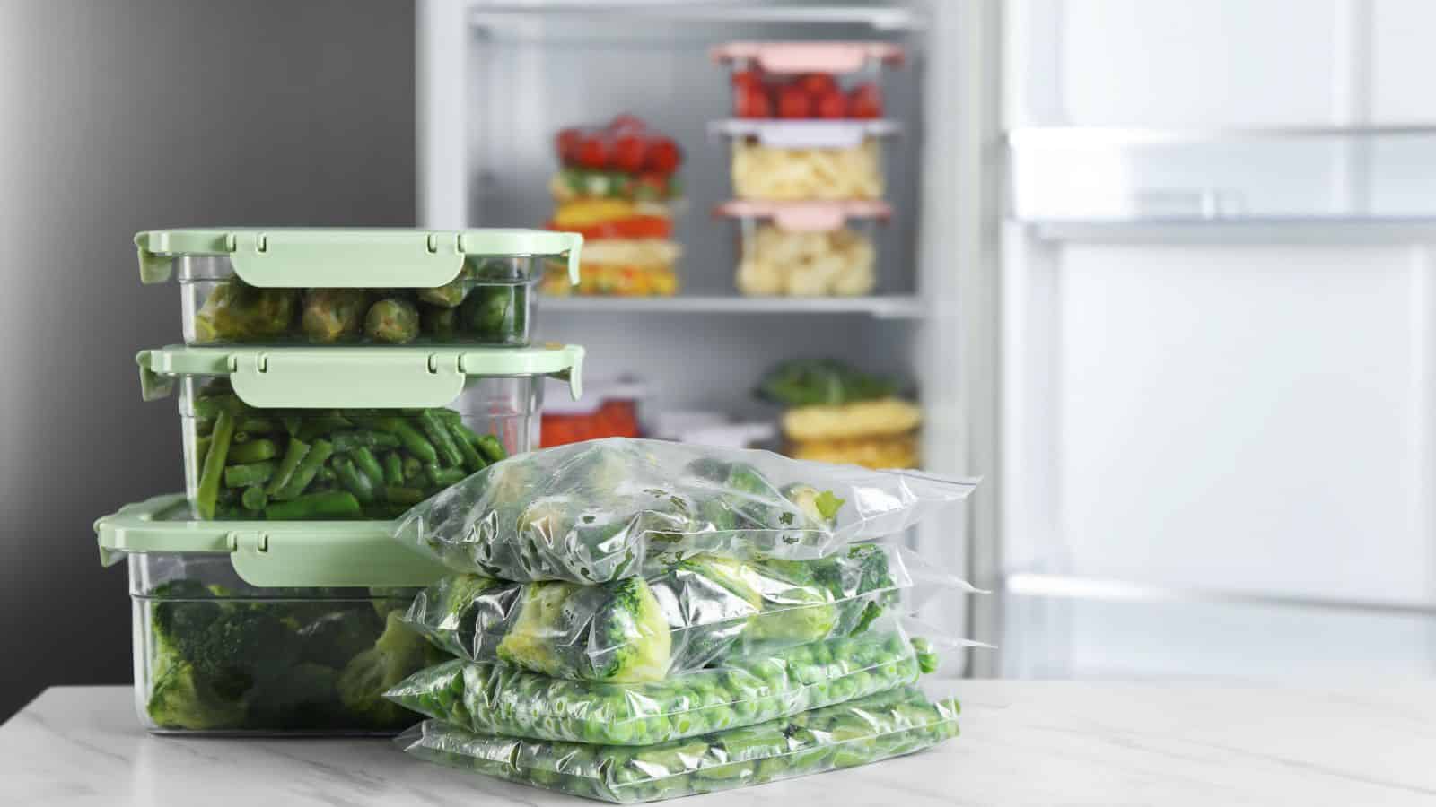 Plastic containers and resealable bags filled with various green vegetables sit on a kitchen counter, with an open refrigerator containing stacked food containers visible in the background.