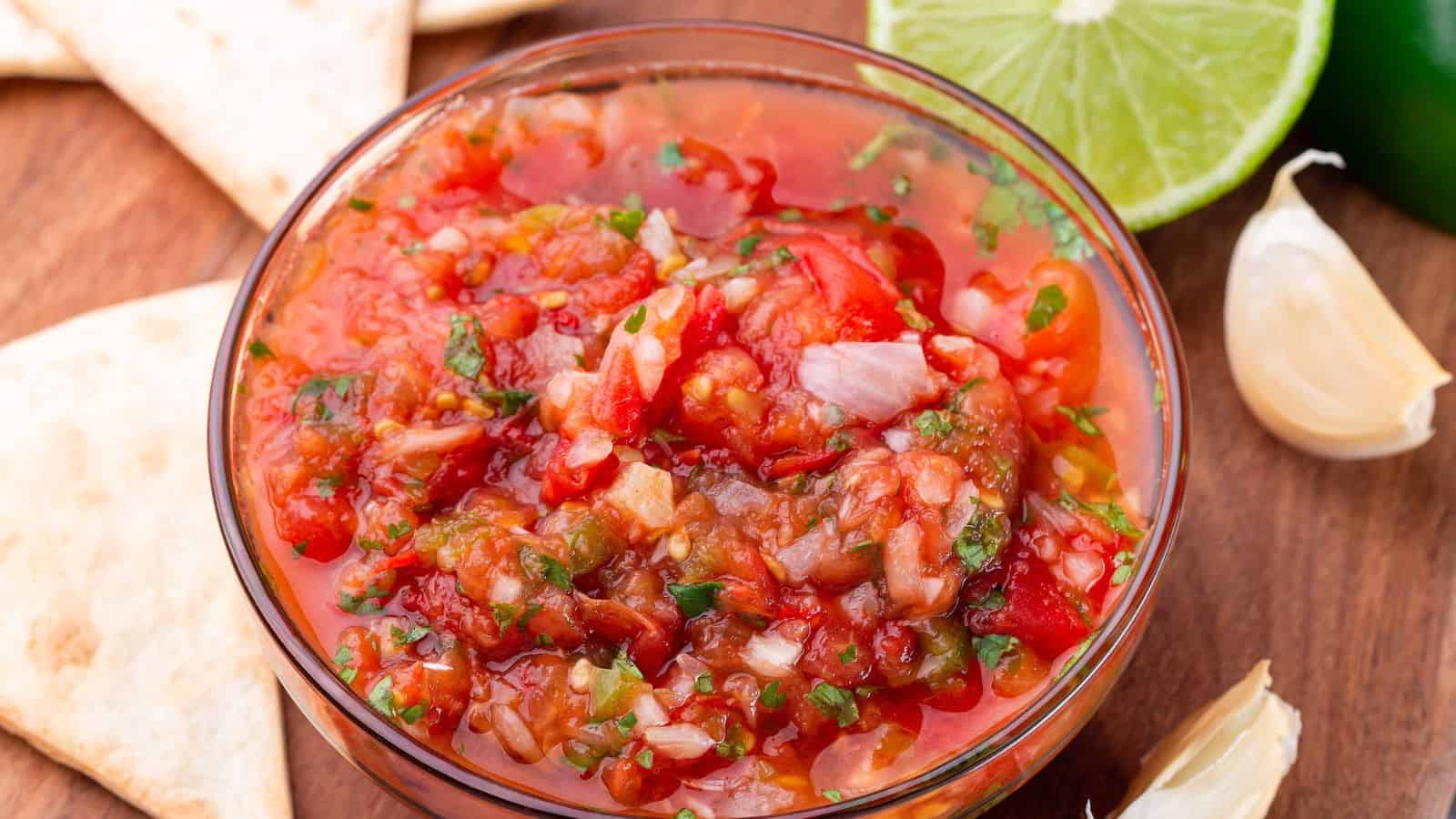 A glass bowl filled with chunky tomato salsa sits on a wooden surface, surrounded by tortilla chips, a halved lime, and garlic cloves.