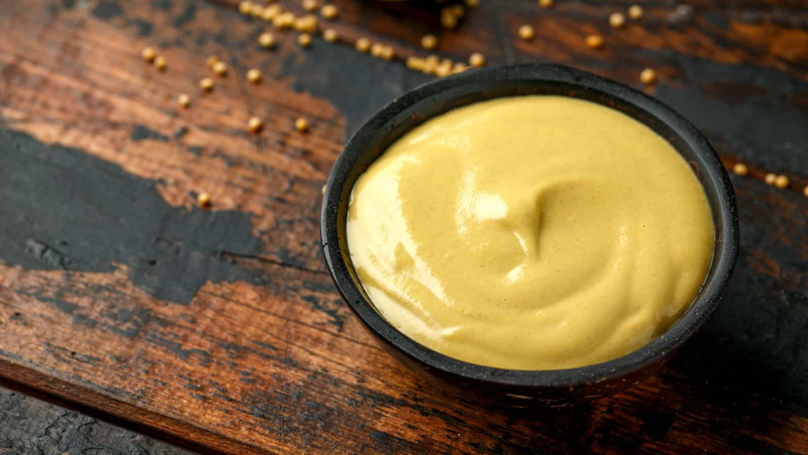 A small black bowl filled with creamy yellow mustard sits on a rustic wooden surface with a few scattered mustard seeds nearby.