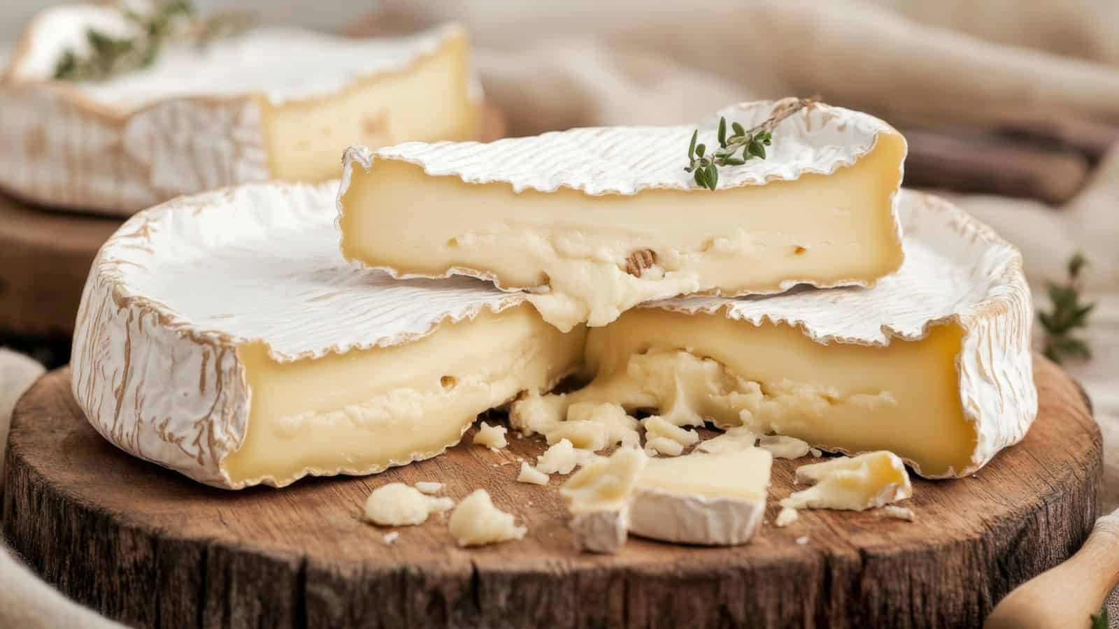 A wheel of soft, white-rinded cheese is cut into wedges and arranged on a wooden board. The creamy interior is visible, with some crumbled pieces and sprigs of herbs nearby.