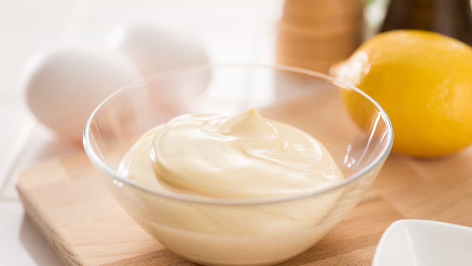 A clear glass bowl filled with creamy mayonnaise sits on a wooden surface. In the background, two whole eggs and a lemon are visible, slightly out of focus.