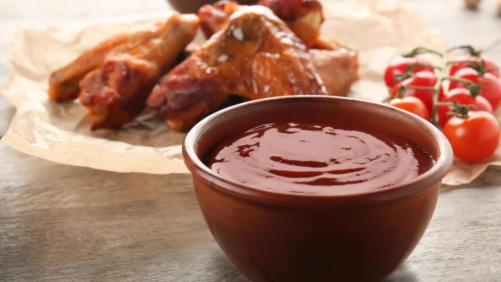 A brown bowl filled with barbecue sauce sits in the foreground, with pieces of cooked chicken wings on parchment paper and a bunch of cherry tomatoes in the background on a wooden surface.