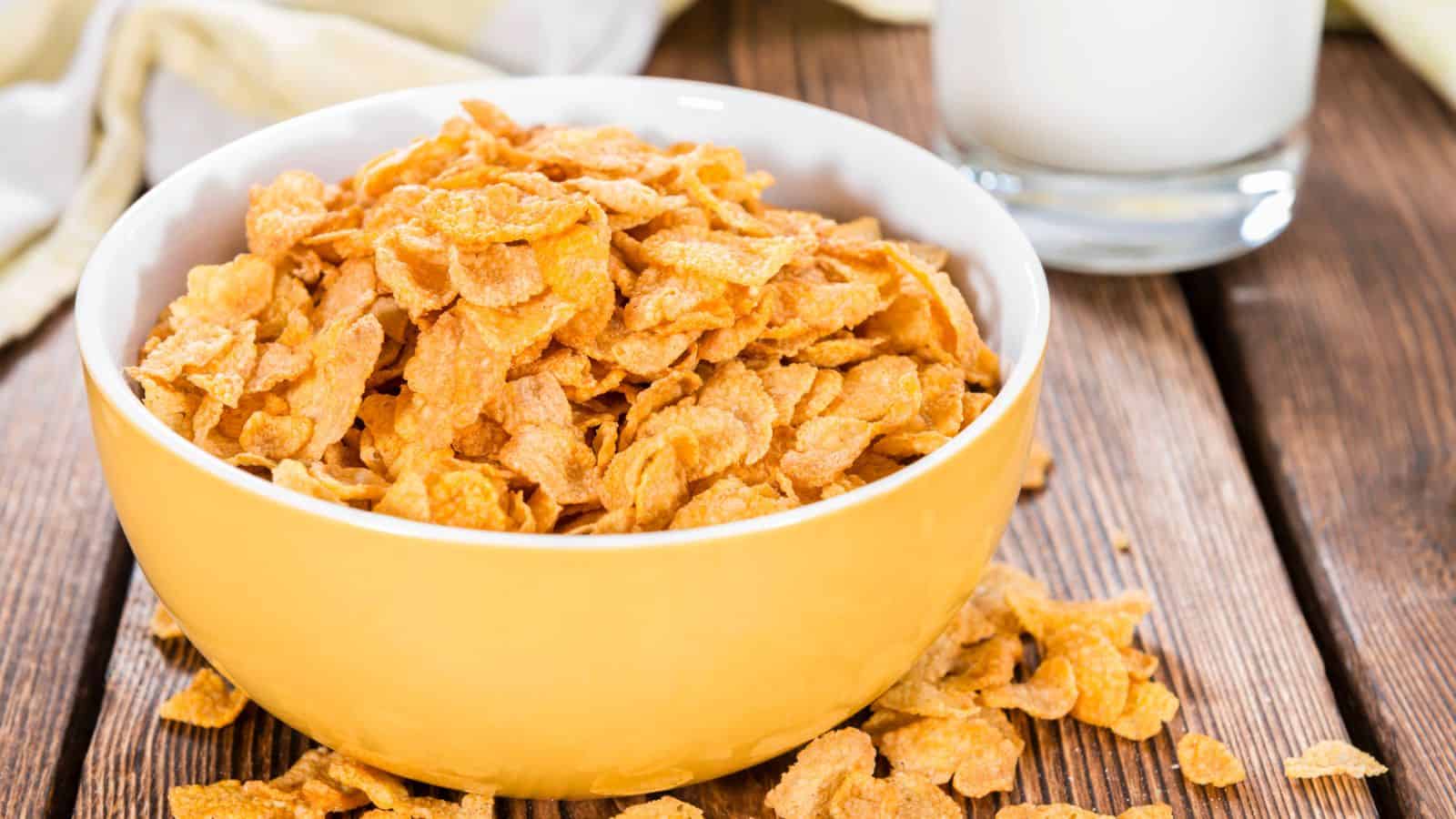 A yellow bowl filled with corn flakes sits on a wooden surface, with some flakes scattered around the bowl. A glass of milk is visible in the background.
