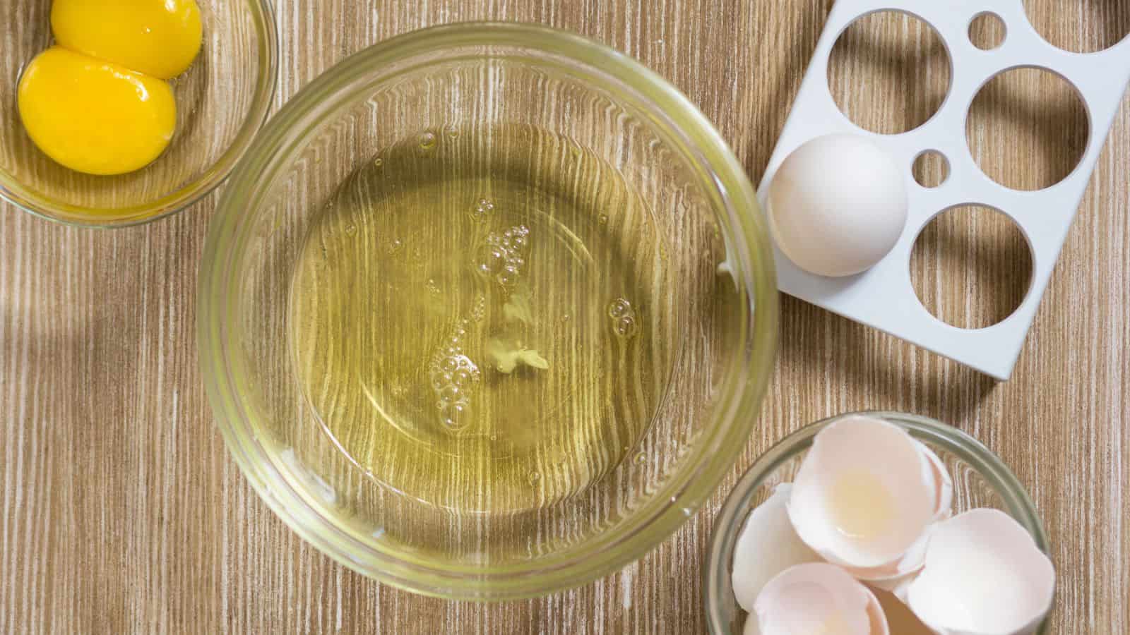 A glass bowl with raw egg whites sits on a wooden surface. Nearby are a bowl with egg yolks, an empty egg carton, and a bowl with broken eggshells.