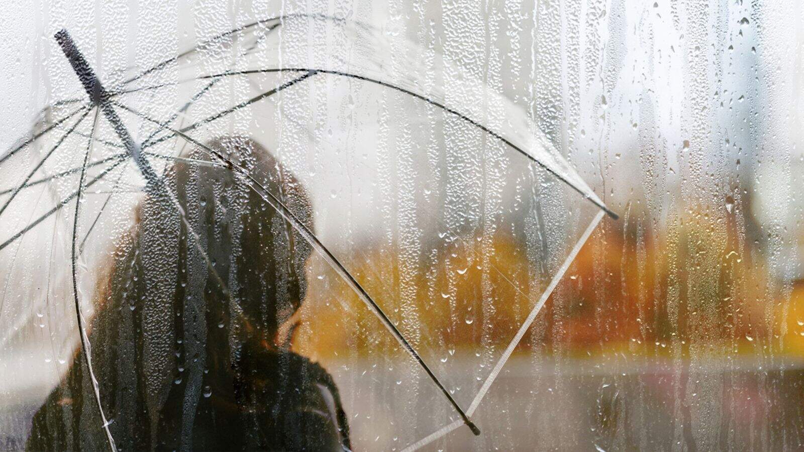 A person holding a transparent umbrella stands behind a rain-covered window. The background is blurred, showing hints of autumn colors. Water droplets are visible on the glass.