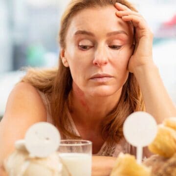 A woman with a concerned expression rests her head on her hand while looking at a glass of milk and assorted bread on a table. There are red marks visible on her neck and face. Flowers are blurred in the background.