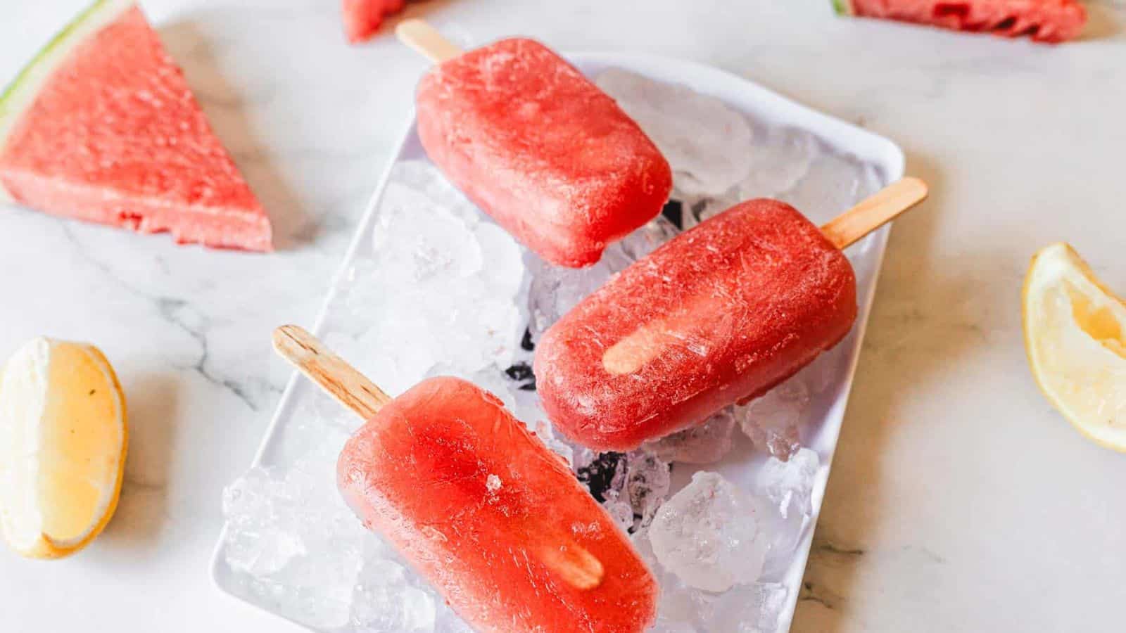 Three red popsicles on a bed of ice are displayed on a white tray, surrounded by watermelon slices and lemon wedges on a marble surface.