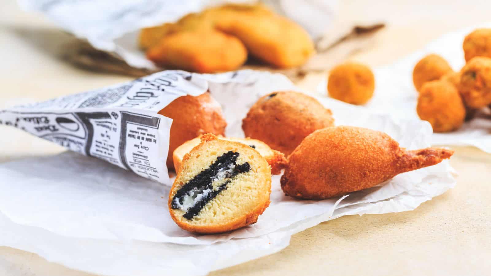 A close-up of deep-fried snacks wrapped in faux newspaper, with one cut open to reveal an Oreo cookie inside. More of the snacks and some crumbs are visible in the background.