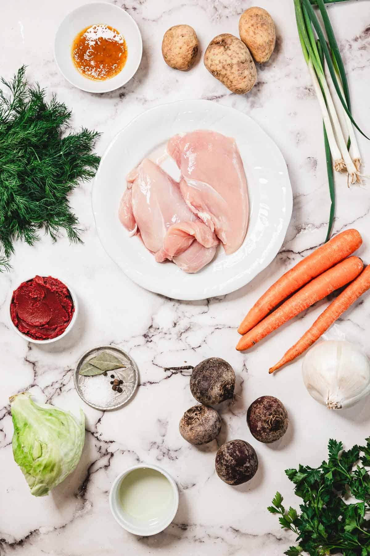 Chicken Borscht ingredients—raw chicken breasts, carrots, potatoes, beets, cabbage, herbs, and seasonings—are artfully arranged on a marble countertop.