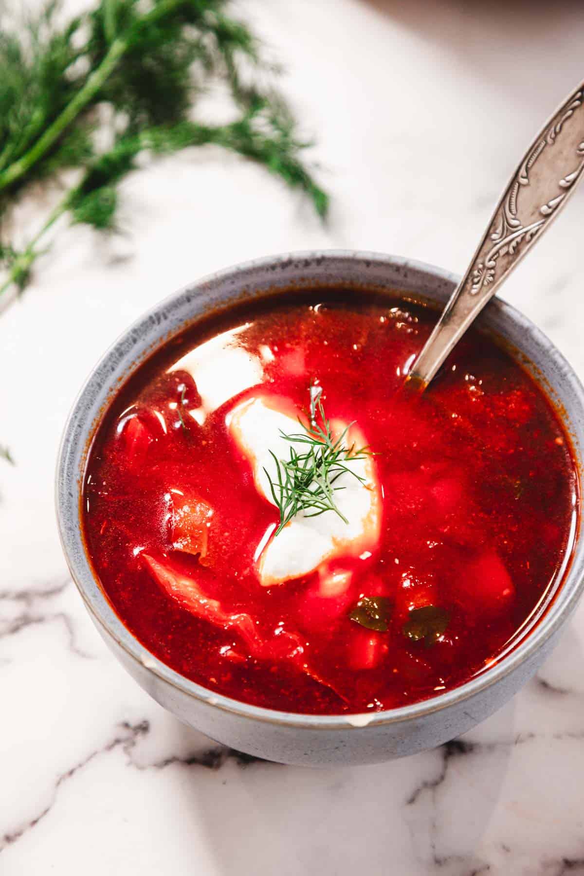 A bowl of Chicken Borscht with sour cream and dill on top, with a spoon and fresh dill in the background.