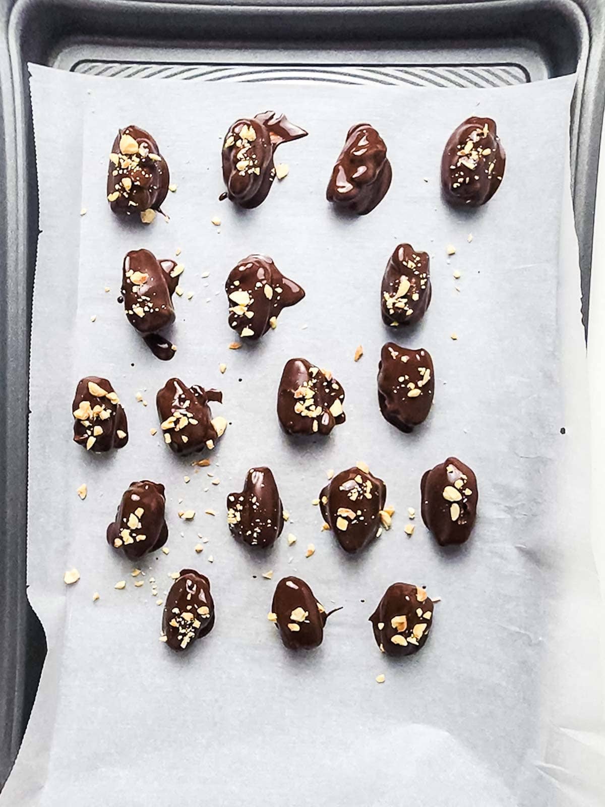 Chocolate-covered dates sprinkled with chopped nuts on parchment paper in a baking tray.