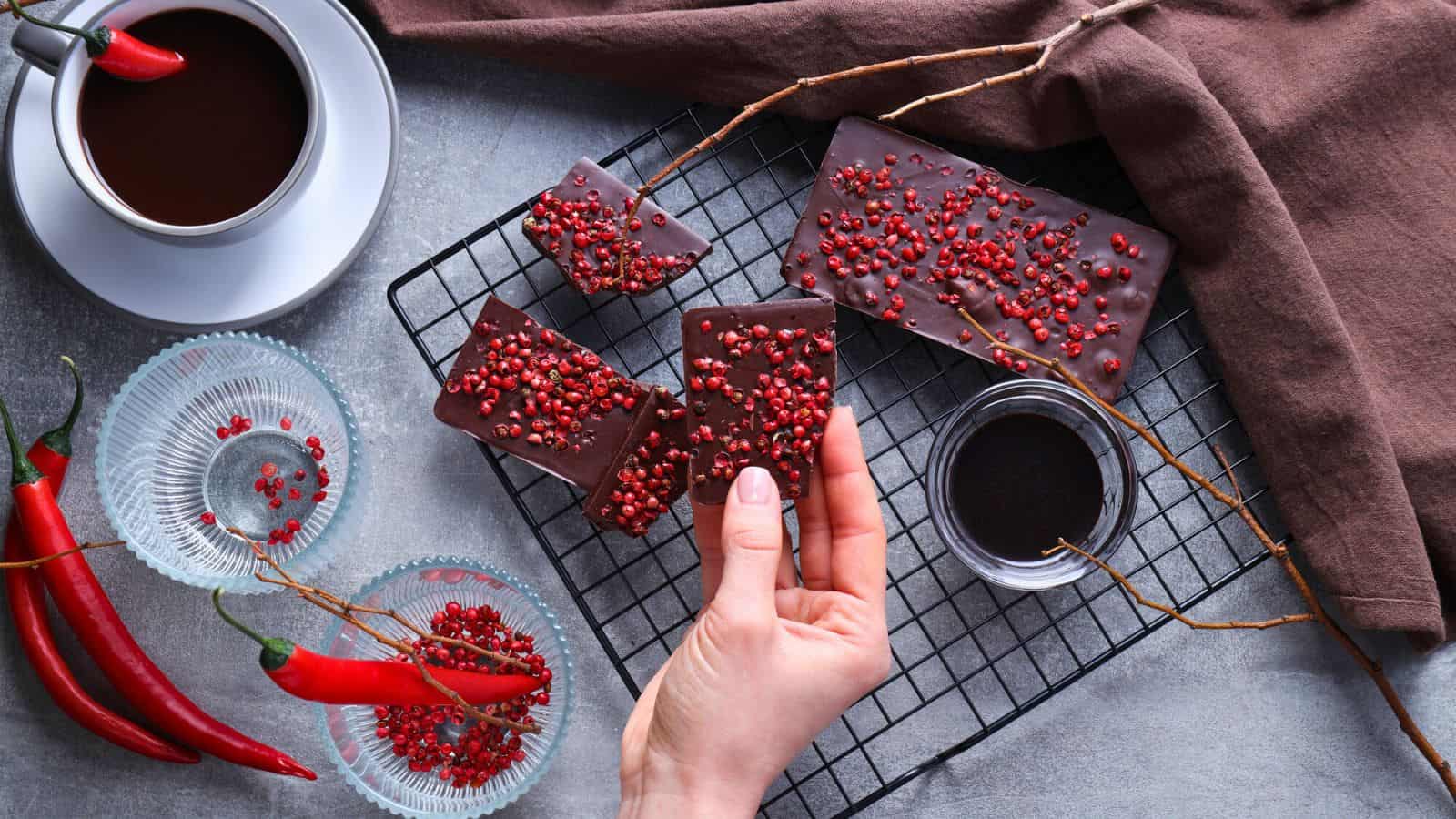 A hand holds a piece of dark chocolate with red pepper flakes over a cooling rack with more chocolate pieces. Nearby are red chili peppers, a cup of coffee, glass bowls, and a brown cloth napkin.