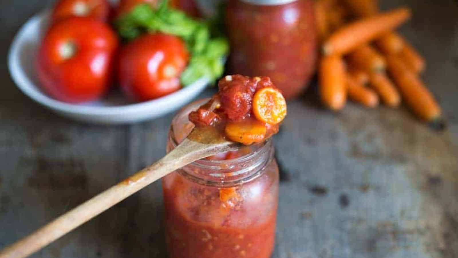 A wooden spoon with tomato sauce and vegetables hovers over an open jar, with tomatoes and carrots in the background&mdash;a reminder to be mindful of canning dangers when preserving homemade foods.