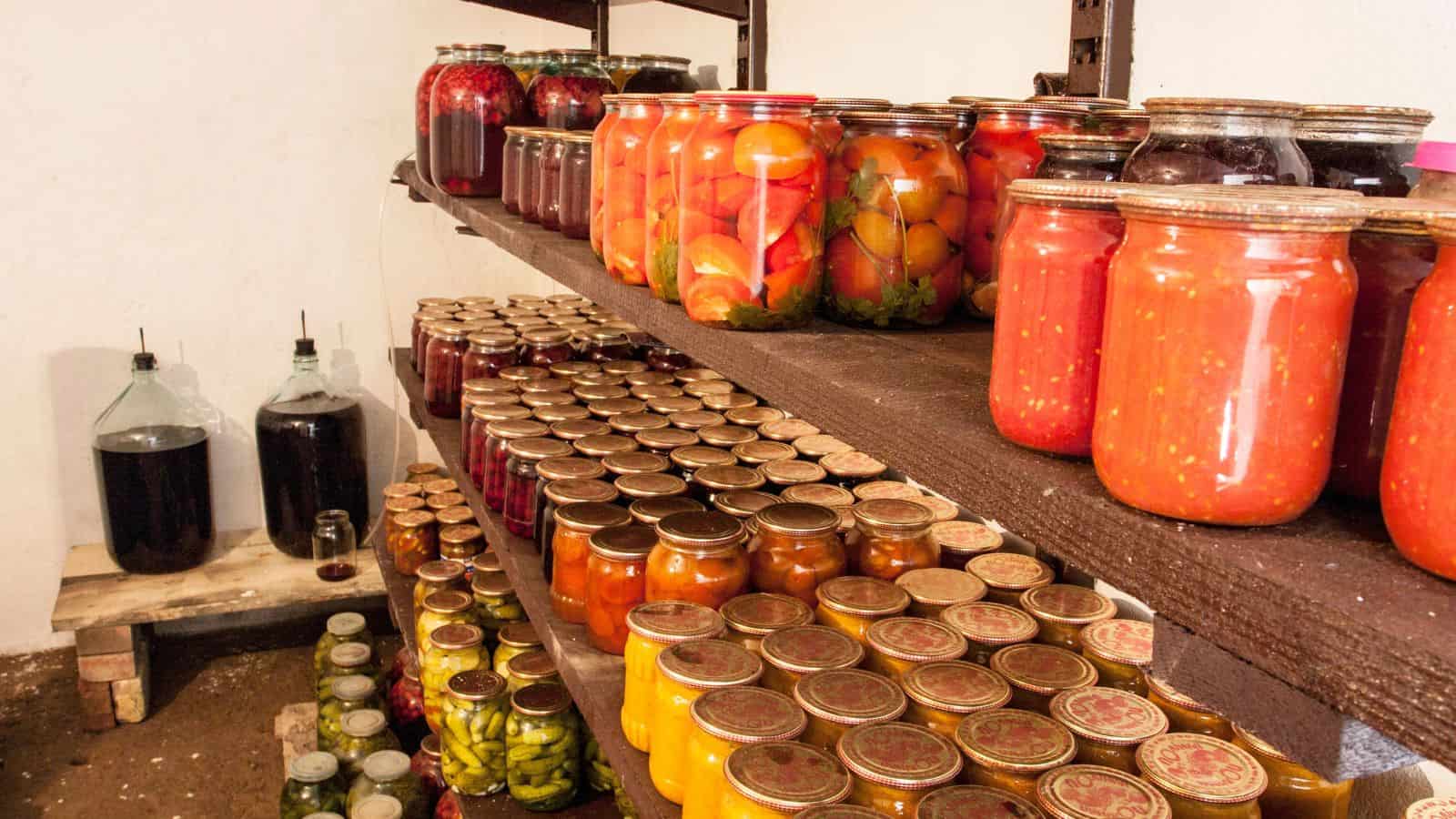 Jars of preserved fruits and vegetables on wooden shelves in a pantry, with glass jugs of liquid below&mdash;highlighting the need for caution and awareness of canning dangers during home food preservation.