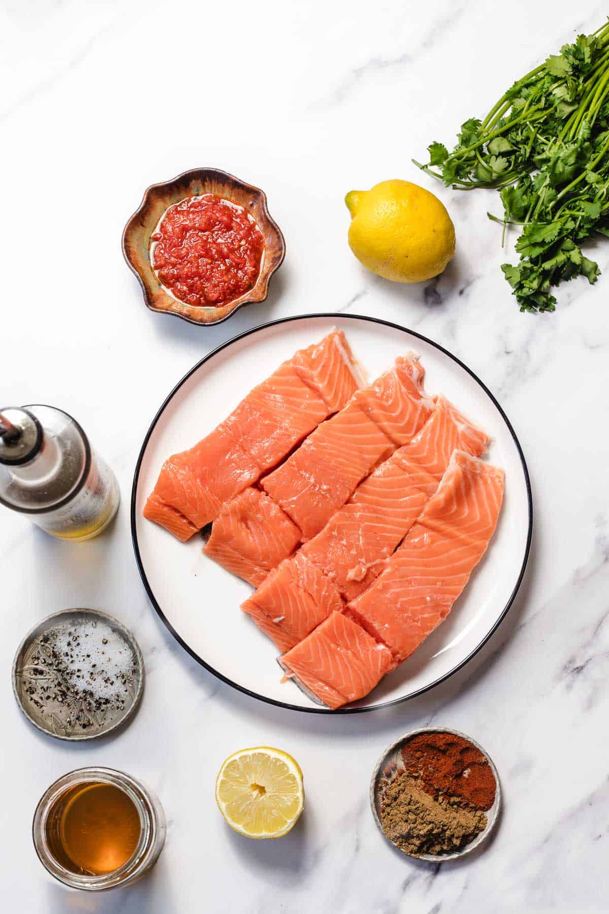 Raw salmon fillets on a plate surrounded by spices, lemon, herbs, oil, and a bowl of tomato sauce.