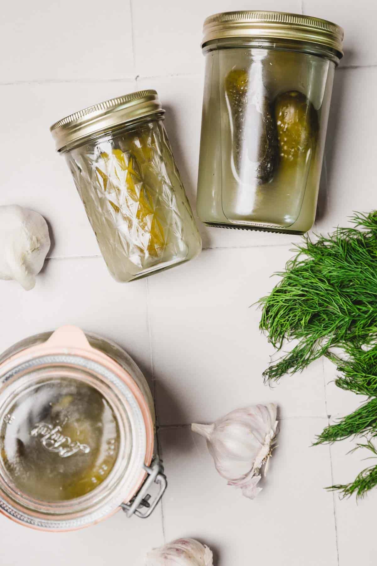 Three jars of pickles on a white surface with fresh dill and garlic cloves beside them.