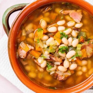 A pot of navy bean and ham soup.